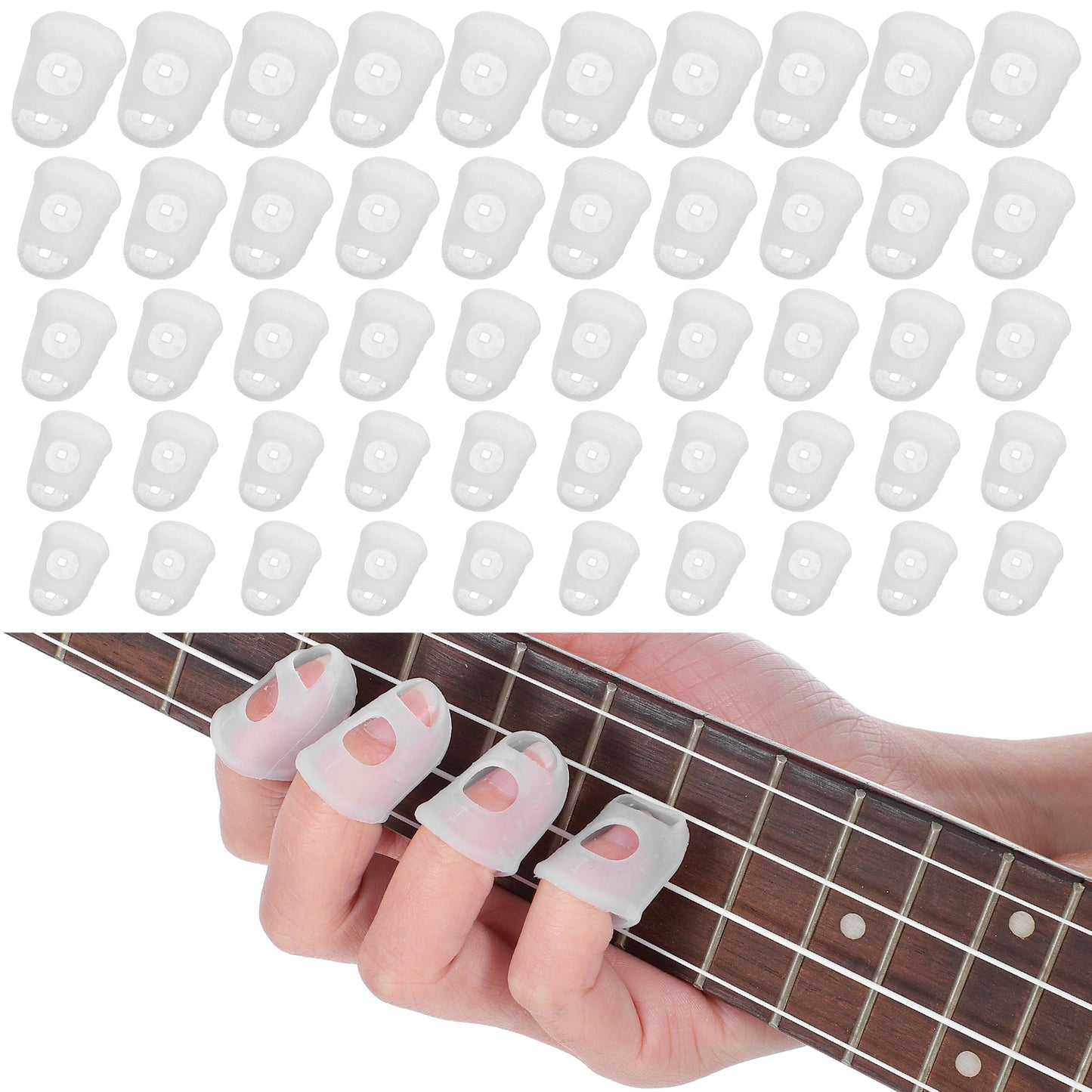 WJIAAA 50 Pcs Guitar Fingertip Protectors, 5 Sizes Transparent Silicone Guitar Finger Covers Caps with Air Holes, Breathable Anti-Slip Reusable Finger Covers for Stringed Instruments Bass Mandolin