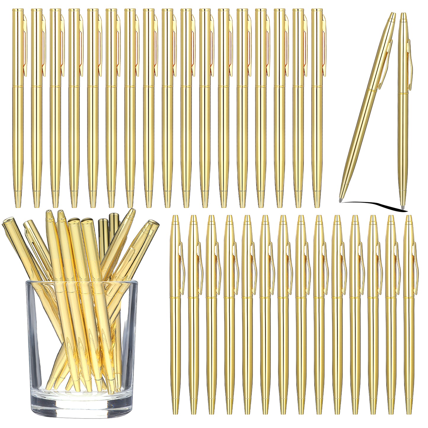 JIEYAO 50 Pcs Gold Pens Bulk, Aluminum Alloy Slim Ballpoint Pens, 1 mm Medium Point Smooth Writing Pens Retractable Writing Tool with Black Ink for Wedding Business Office Students Teachers Christmas