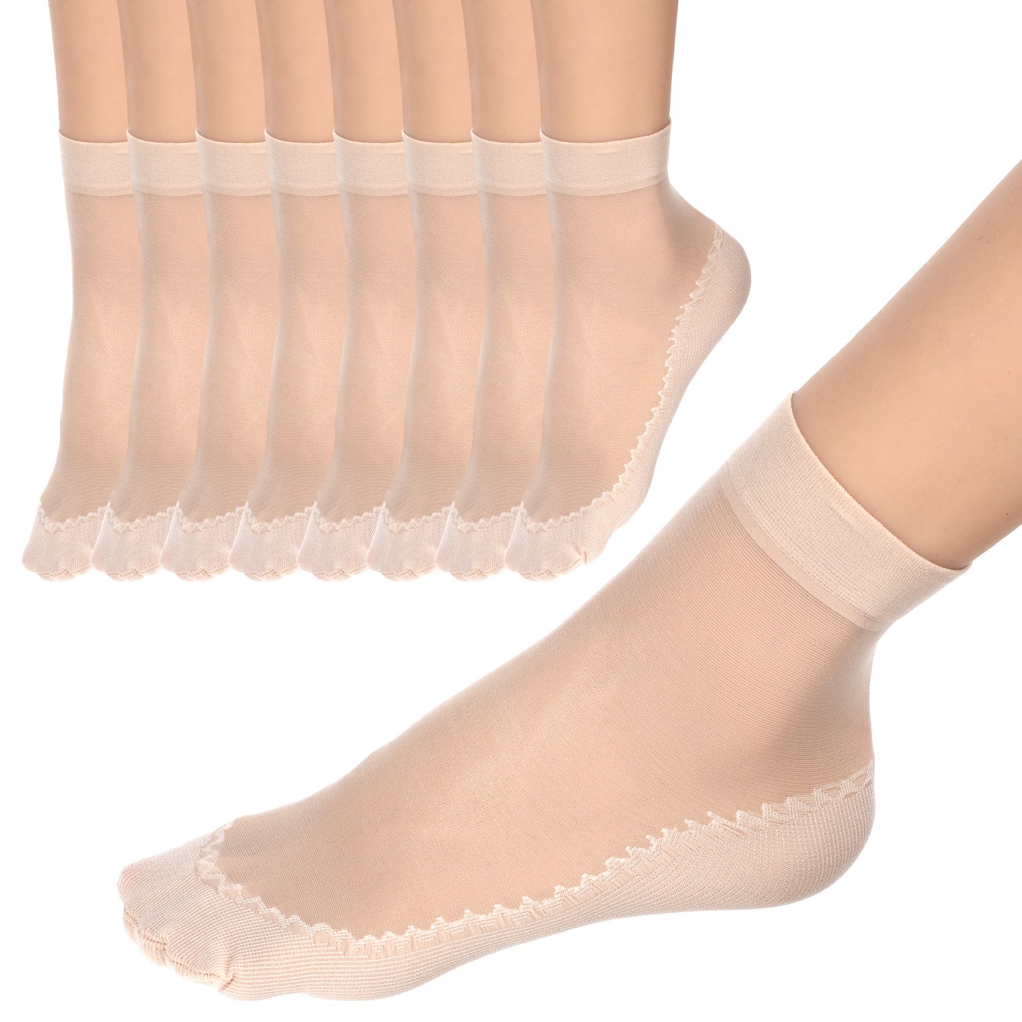 WJIAAA 16 Pairs Nude Nylon Socks, Ankle Thin Sheer, No Show Elastic Socks with Cotton Sock Bottom, Anti-Slip Summer Breathable Stockings, Reinforced Sole and Toe Skin Colored Tights