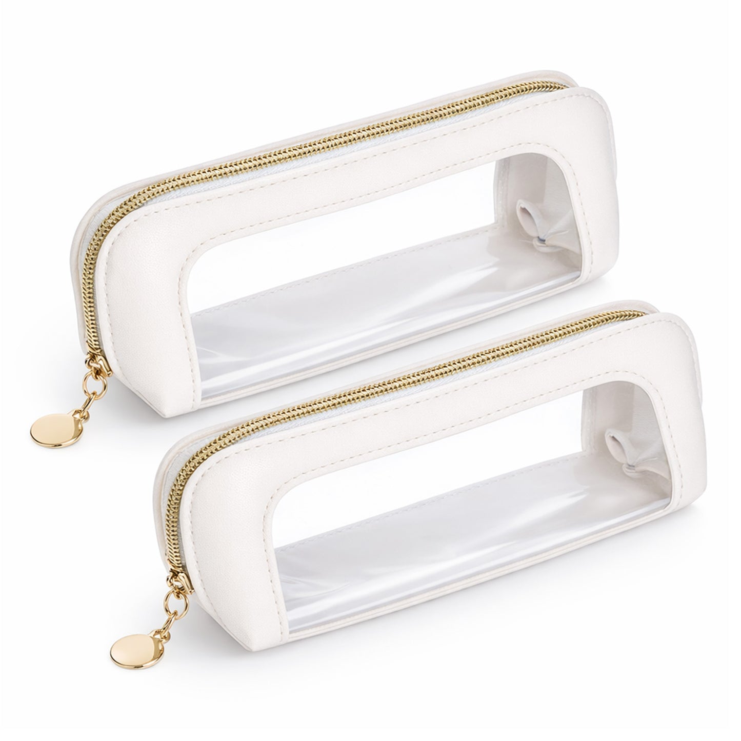 JJUNW 2Pcs Clear Makeup Brush Bag, Portable Makeup Brush Bag, Leather Slim Makeup Case Make-up Brush Bags with Zipper for Women Travel Storage(Beige)
