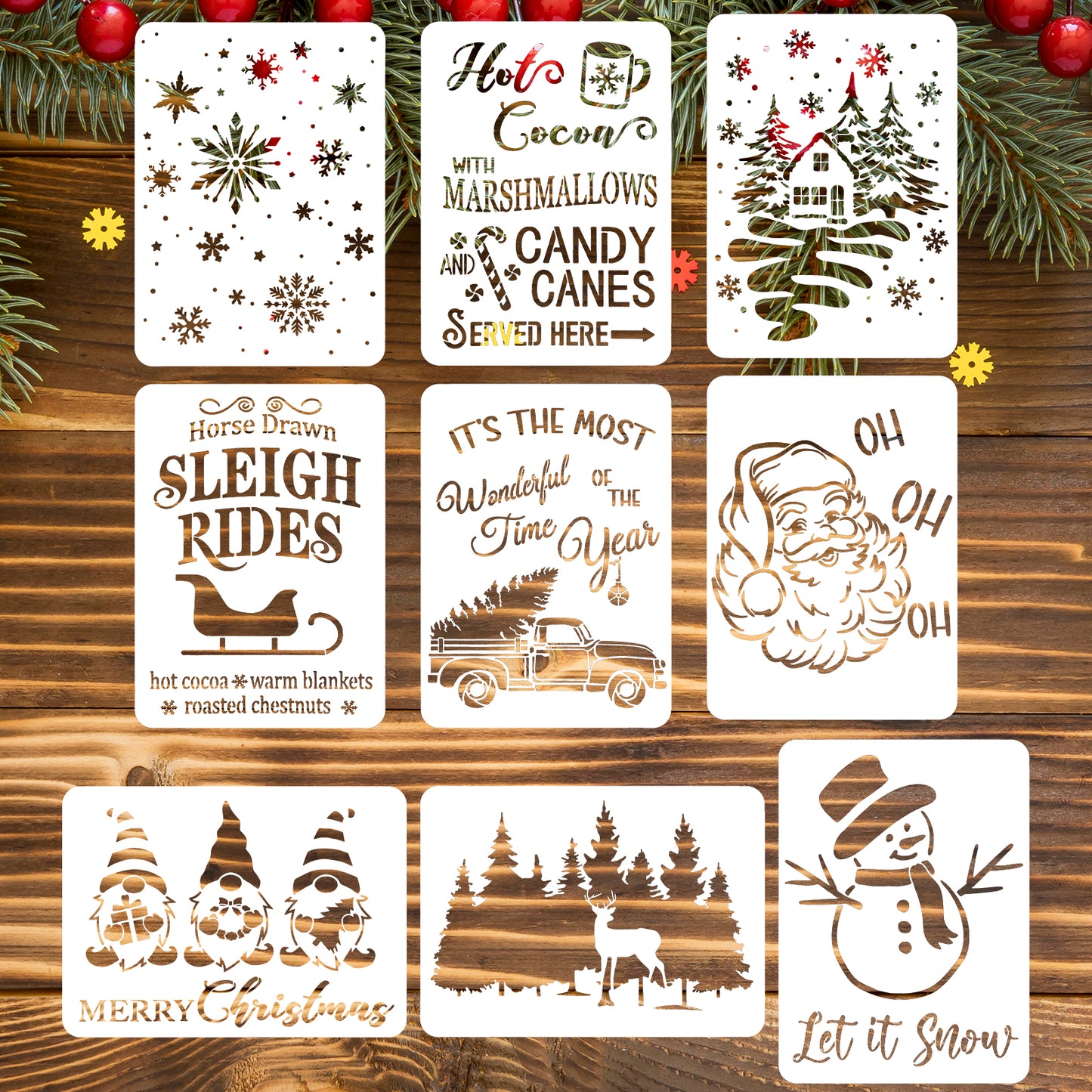 JIEYAO 9 Pcs Reusable Christmas Stencils for Card Making, 8 X 11 Inch Merry Christmas Stencils Plastic Drawing Painting Spraying Template for Painting on Wood Signs Crafts Wall Christmas Decorations