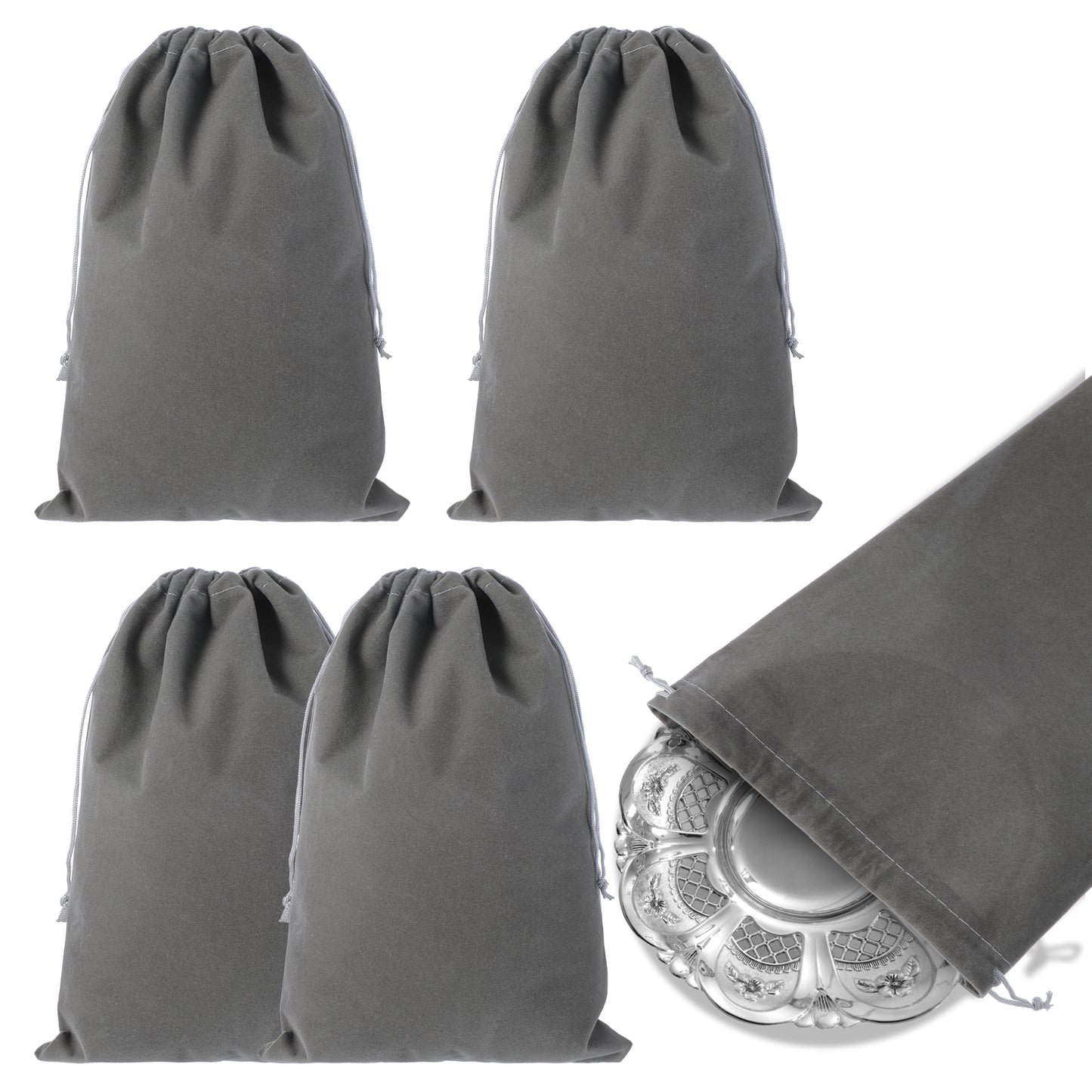 Amabro 4PCS Silver Storage Bags, 11.8" x 7.8" Anti Tarnish Cloth Bag Fabric Cloth Pouch for Protection Jewelry Flatware Silverplate Tarnish Cleaning (Grey)