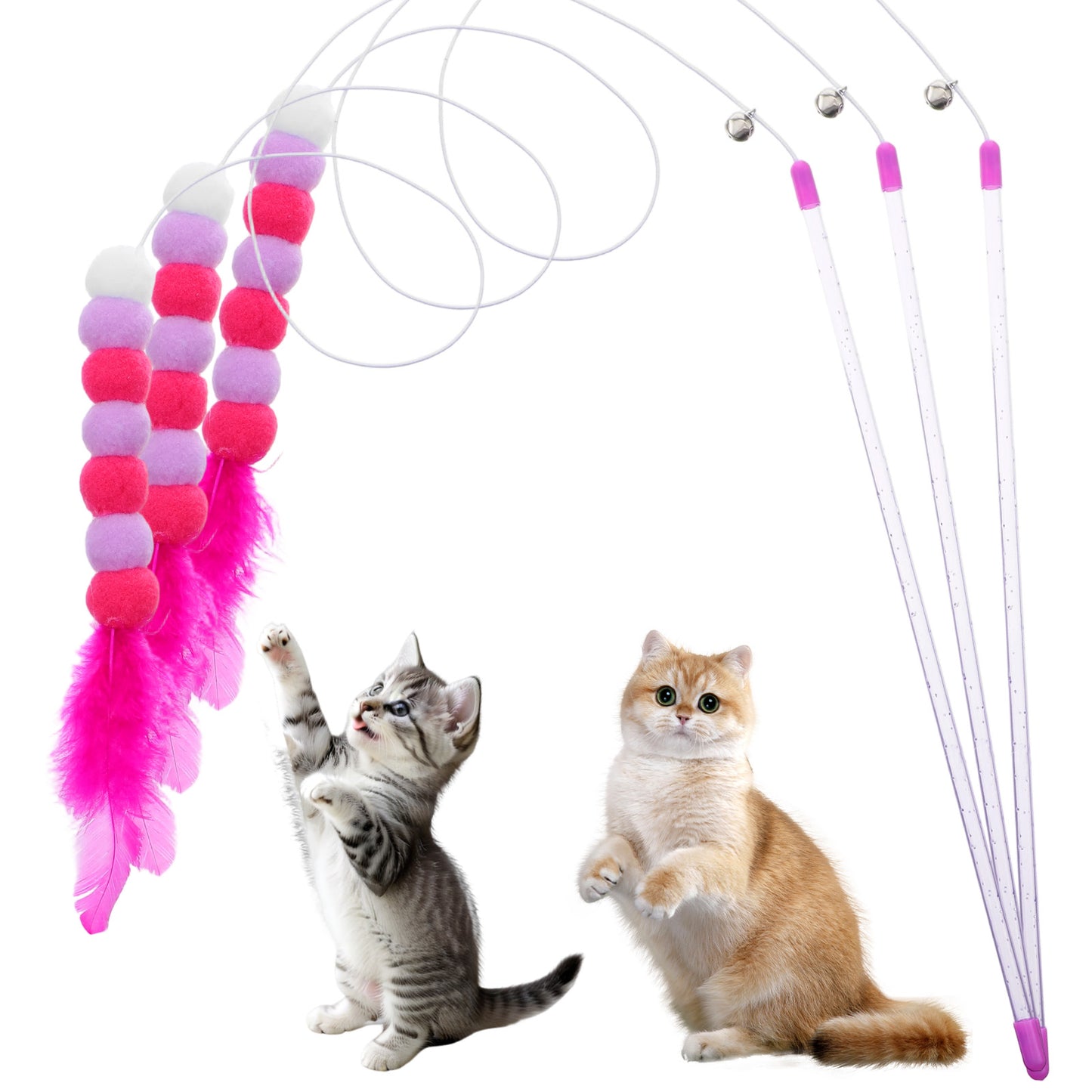 Molain 3Pcs Cat Feather Wand Toys, Interactive Kitten Cat Feather Toy with Bell and Pompom Ball Exercise Play for Indoor Cats Kitten