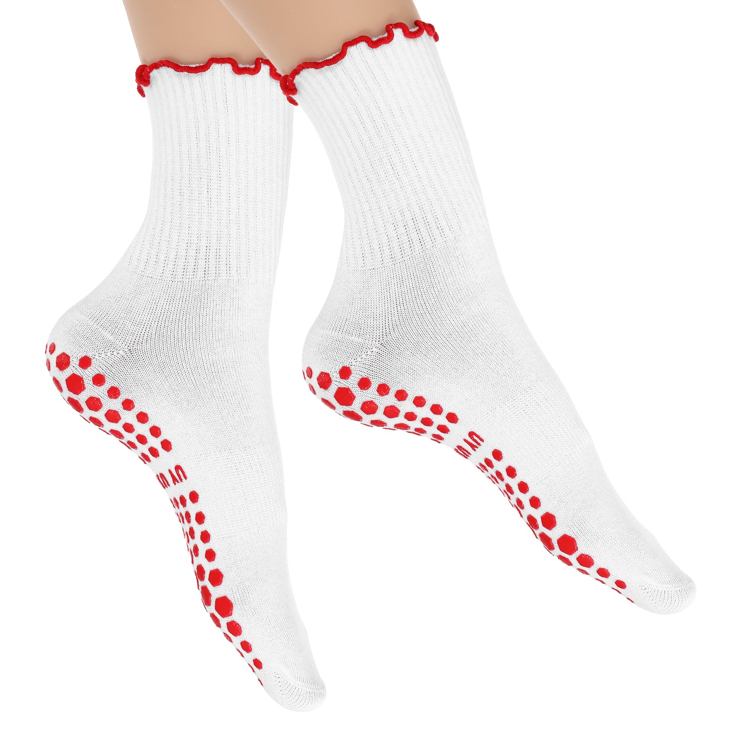 TIESOME Women's Cute Pilates Grip Socks, Non-Slip Yoga Cotton Crew Socks with Ruffled Embroidery Grippy Design for Barre Workout