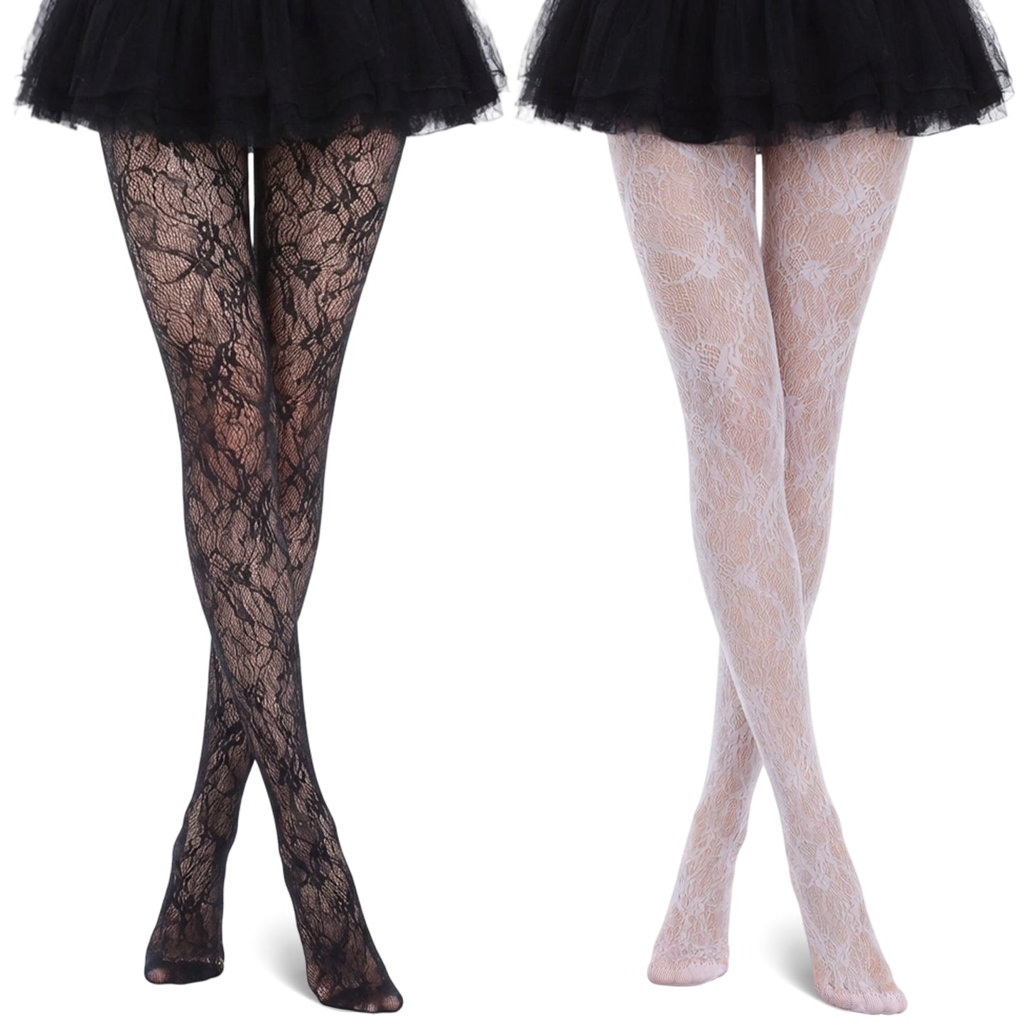 JJUNW 2 Pcs Lace Floral Black White Fishnet Stockings, Patterned Tights