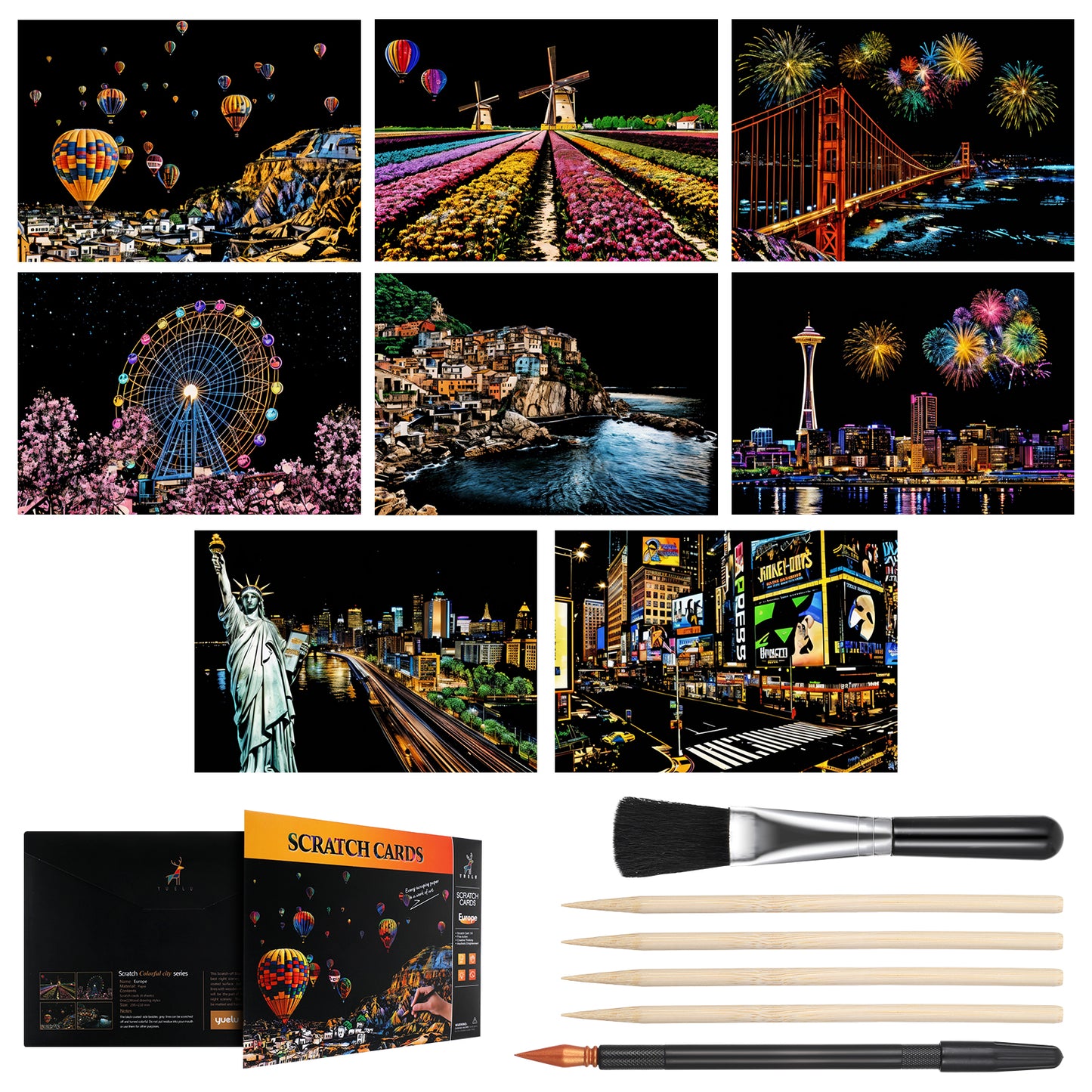 Giantree 14Pcs Scratch Art, Scratch Art Adult, Paint by Scratch Rainbow Engraving Painting, Scratch Painting for Adults, Landscape Scratchboard with Scratch Art Tools Creative DIY Art Craft(14Pcs)