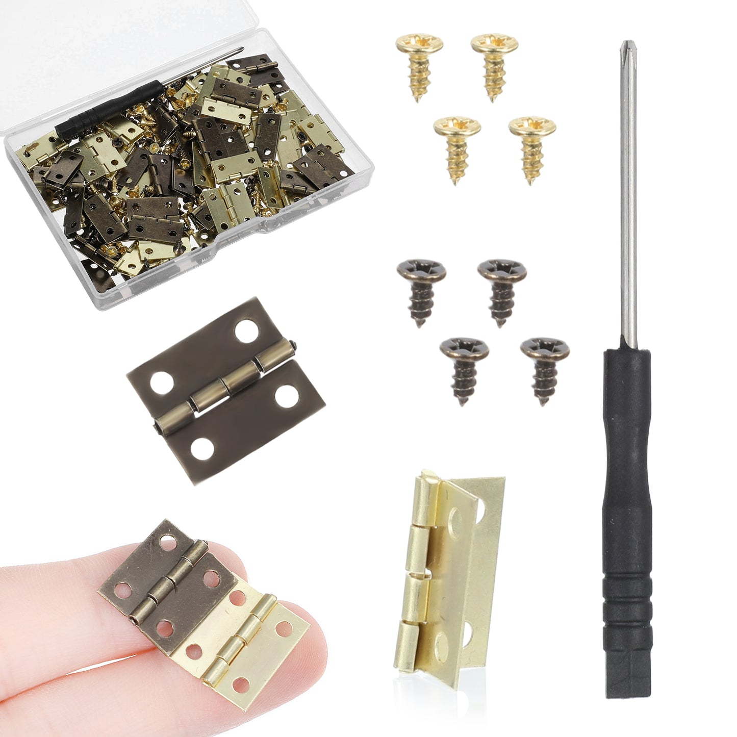 Yuanchu 60 Sets Antique Mini Hinges with Screws, 0.6 Inch Small Hinge 270° Folding Iron Drawer Hinges Door Hinges Dollhouse DIY Crafts Boxes Gate Miniature Butt Hinges Tiny Hinges(Gold, Bronze)