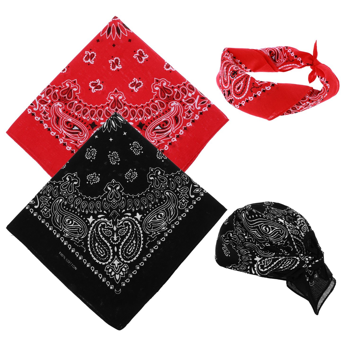 Yuanchu 2Pcs Paisley Print Bandanas, 100% Cotton Bandana Scarf for Men and Women Black Red Fashionable Universal Bandana