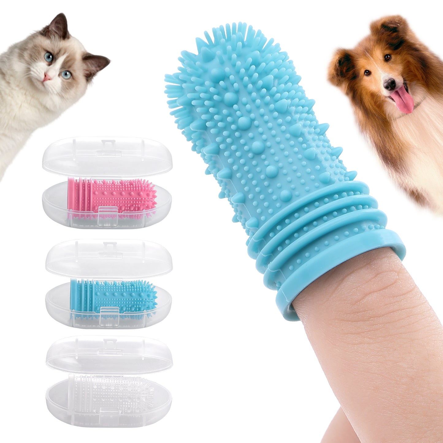 Molain Dog Toothbrush- Enhanced Version 360º Full Surround Silicone Bristles Toothbrushes Easy Teeth Clean for Cat and Dog, Teeth Clean Two-Times More Effective (Blue+Pink+White, 3Pcs)