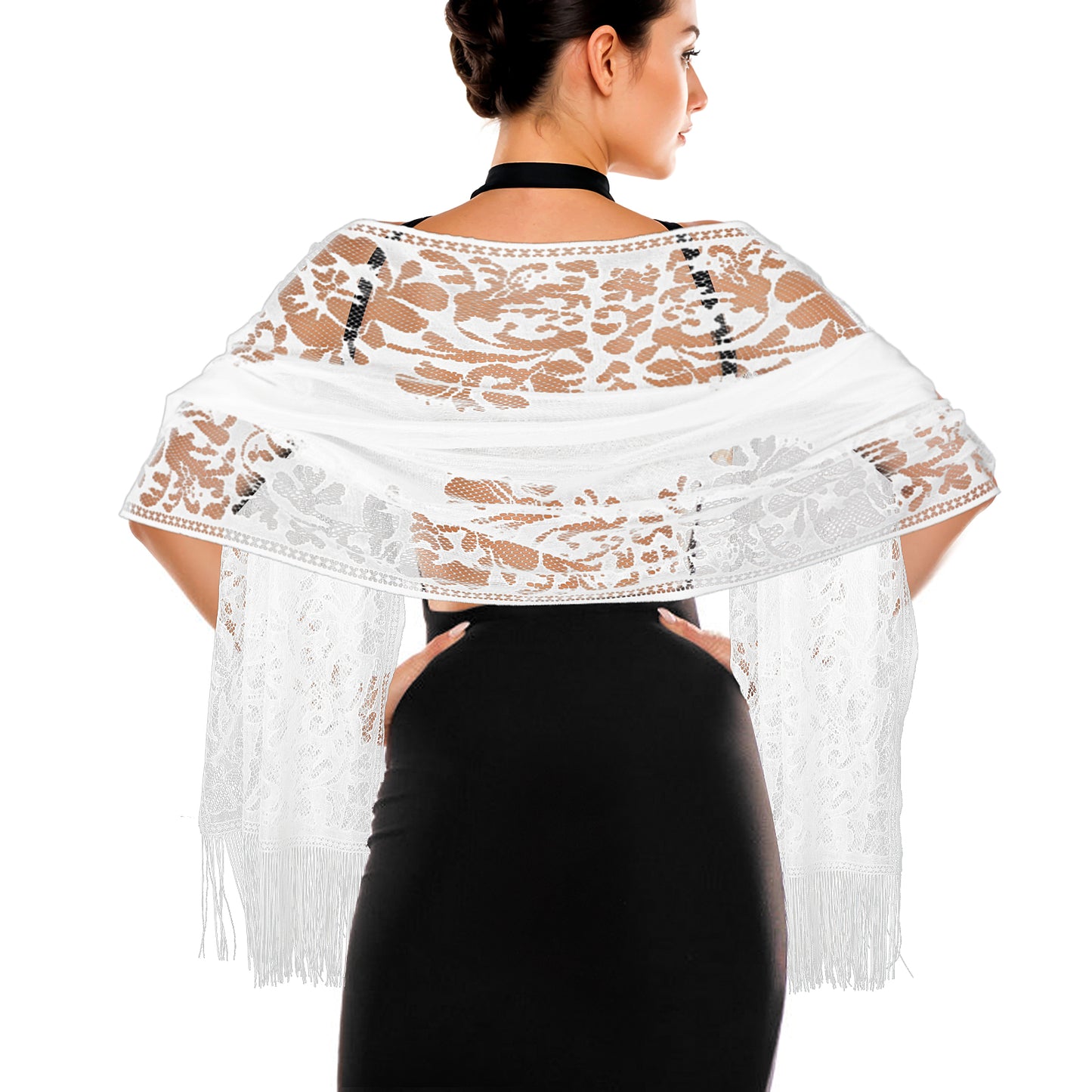 Jeffdad Women's Evening Lace Scarf Shawl wif Tassels for Women's Evening Dress Evening Party Mesh Wedding Shawls (White)