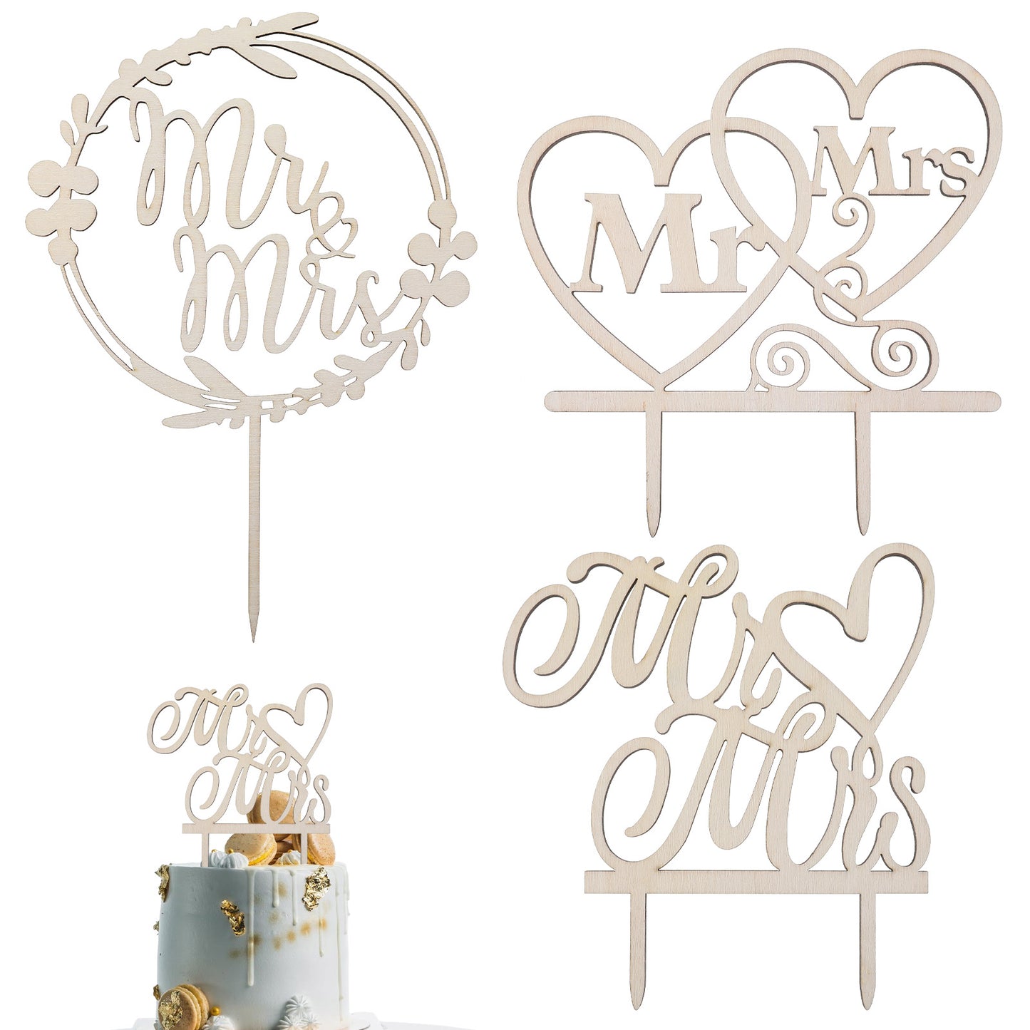 LIQWEI 3 PCS Rustic Wooden Wedding Cake Topper Mr and Mrs, Bride and Groom Cake Topper Wedding Anniversary Bridal Shower, Engagement Party Decorations, Weddings Decoration, Perfect Keepsake