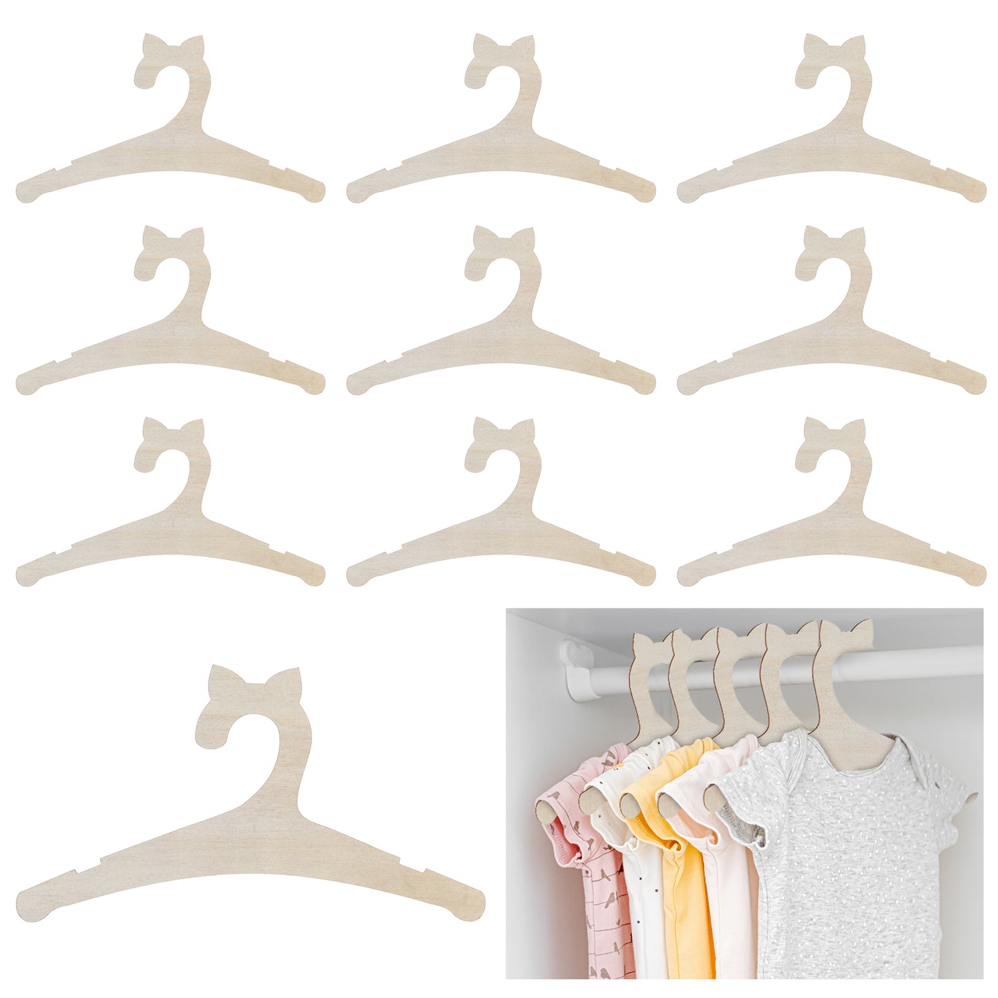 Yuanchu Kids Hangers For Clothes, 10 Pcs Wooden Hangers For Clothes Space Saving Baby Coat Hangers Cute Animal Kids Clothes Hangers For Newborn Jackets Dresses Blouses Coat Pants Non-Slip(Cat Ears)