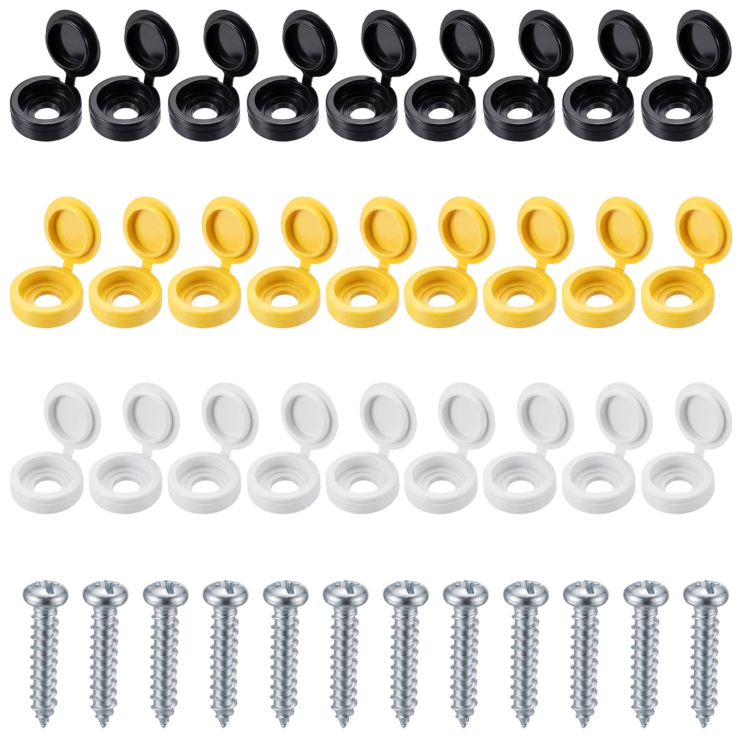 TIESOME 96 Pcs Number Plate Screw Caps, License Plate Fixing Kit Includes 24 Black, White, Yellow & Self Tapping Screws, Universal Car License Plates Fasteners, Anti-Loosening Caps, Quick Install