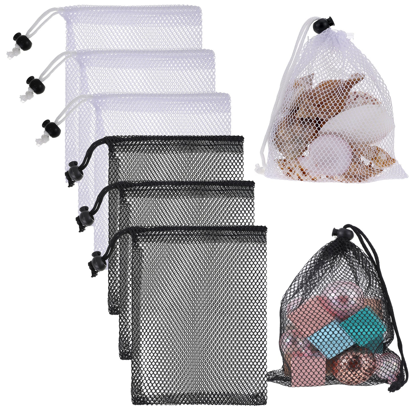 LXUEJIE 6 Pcs Mesh Bags with Drawstring, 7.87 x 5.9 Inch Small Mesh Bags Storage Bag with Cord Lock Black Mini Meshes Bag for Fruits, Candy, Cosmetics, Golf Stuff Balls