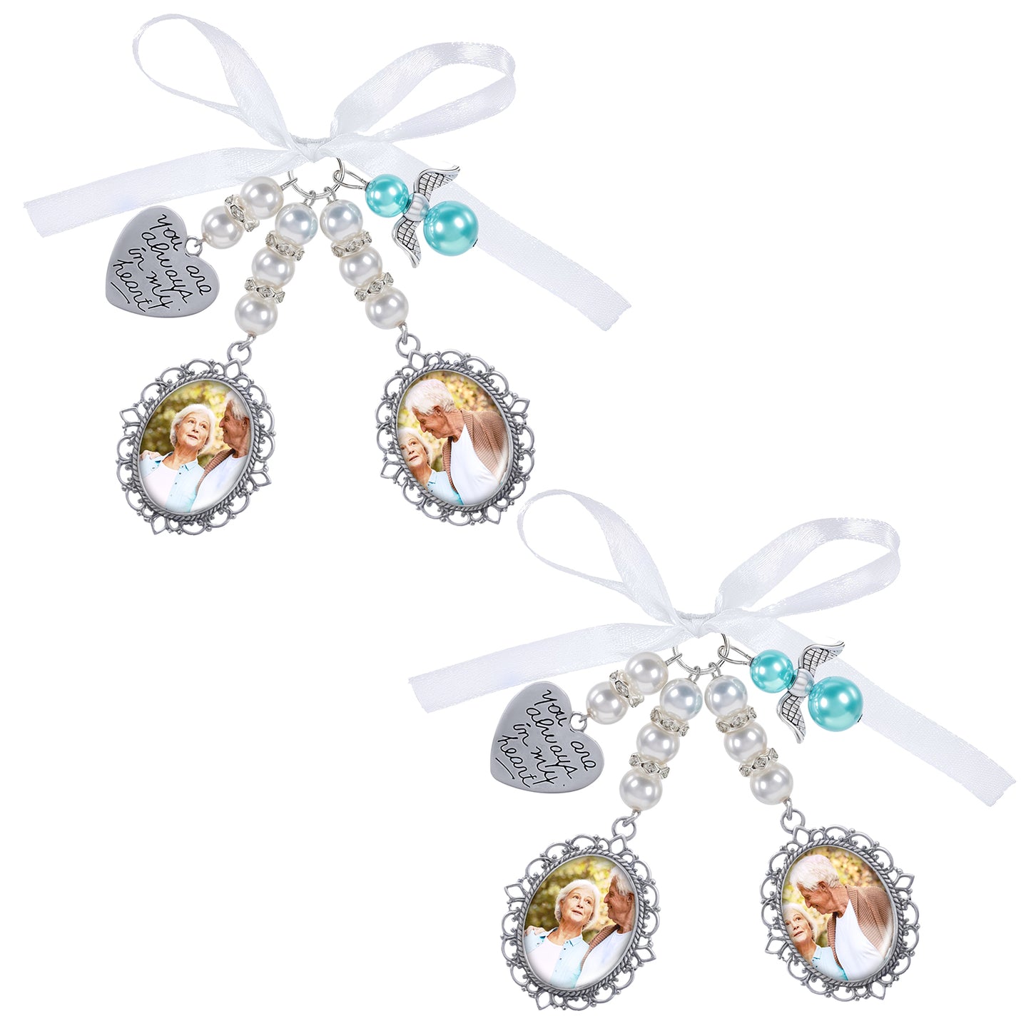 Giantree 2Pcs Bouquet Charms for Wedding Memory, Photo Charms, Wedding Bouquet Photo Charms Silvertone Keepsake Ribbon Bow Pearl Charm, Heart Styled Pendant for Wedding Memory Friend Gift()