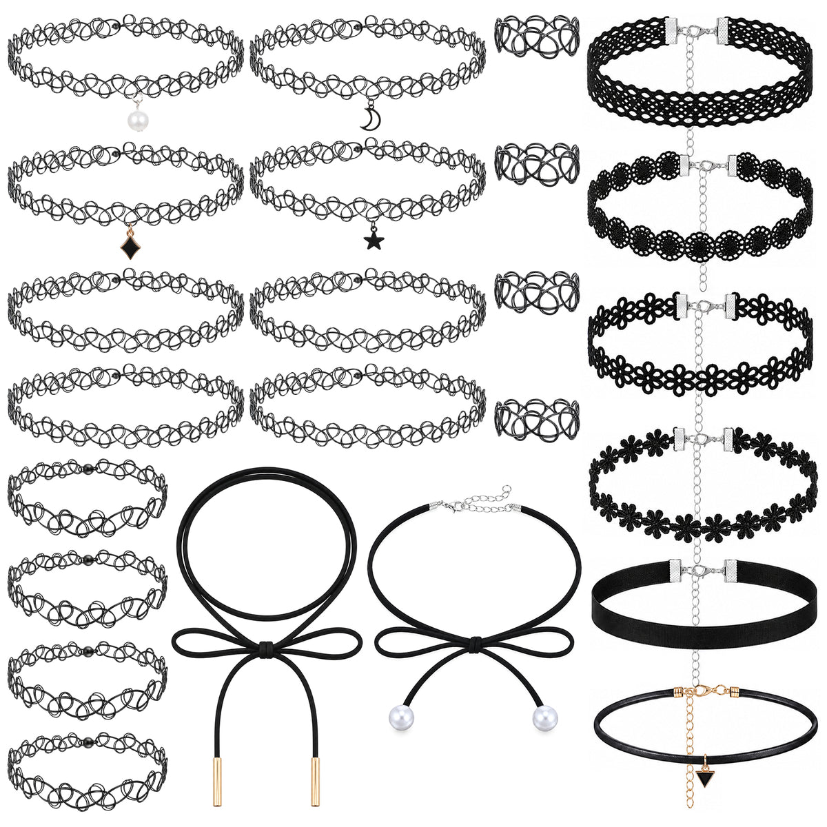 Cobee 24 Pcs Choker Necklace Set, Black Gothic Tattoo Choker Jewelry
