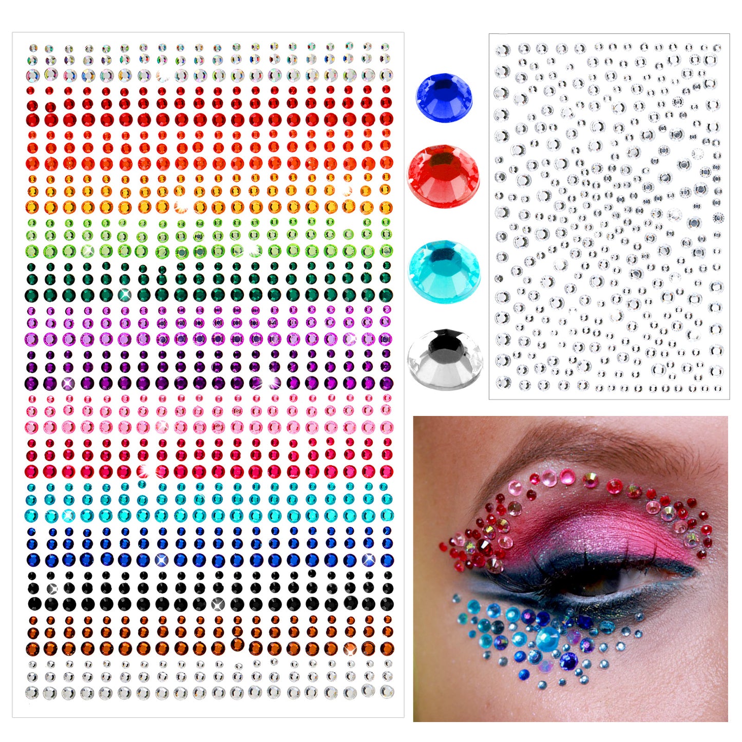 HJZHII 1250PCS 14 Colors Face Gems, Flat Rhinestone Stickers Face Jewels Deco Crystals Diamonds Stick On for Women Girls Body Makeup Crafting Festival Party