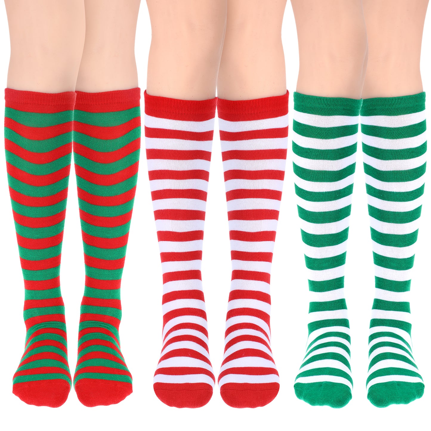 GEEHUA 3 Pairs Christmas Striped Socks, Xmas Knee High Socks Red Green White Stripe Socks Cotton Christmas Stockings for Women Girls