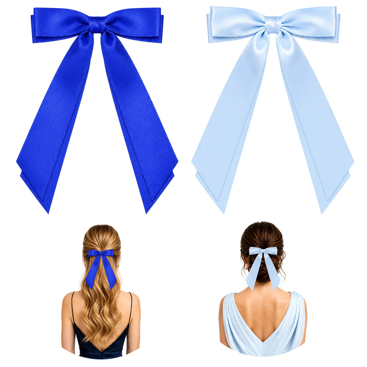 GEEHUA 4Pcs Blue Hair Bow Clips With Long Tail, Satin Ribbon Hair Bows
