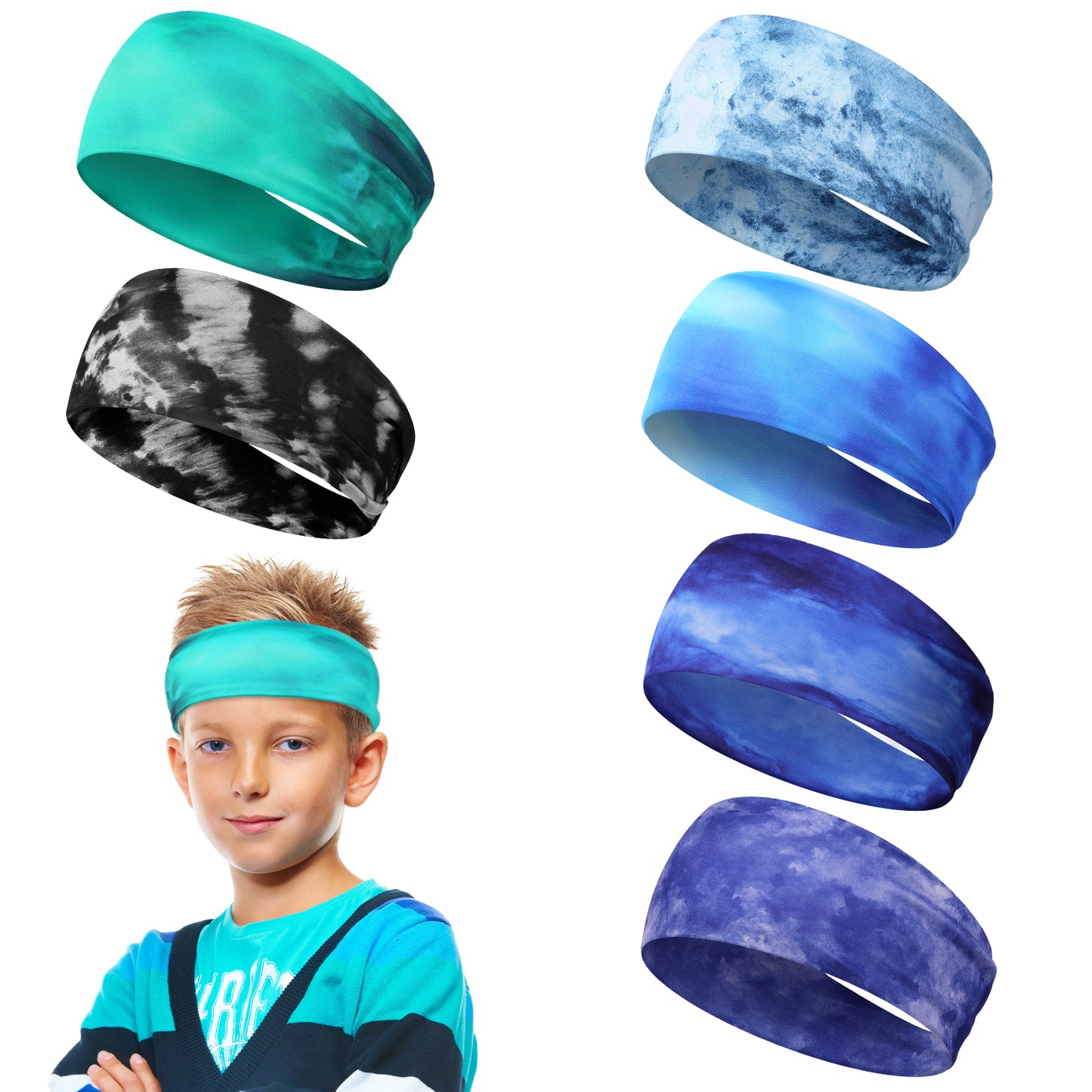 Yuanchu 6Pcs Kids Boys Sports Headbands, Breathable Boys Athletic Sweatbands Non-slip Elastic Headband Moisture Multi-Color Wicking Sweat Band for Basketball Baseball Football(A)