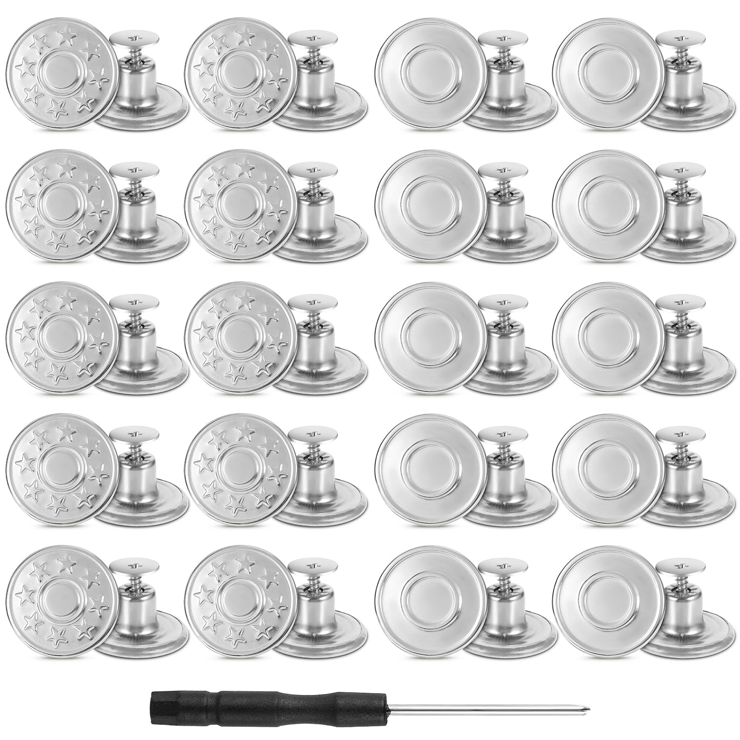 Yuanchu 20 Sets Jean Buttons for Loose Jeans, 0.64 Inches Reusable Jean Button Pins Pant Waist Tightener to Make Smaller No Sew Pants Button Replacement with A Screwdriver Instant Replacement(Silver)