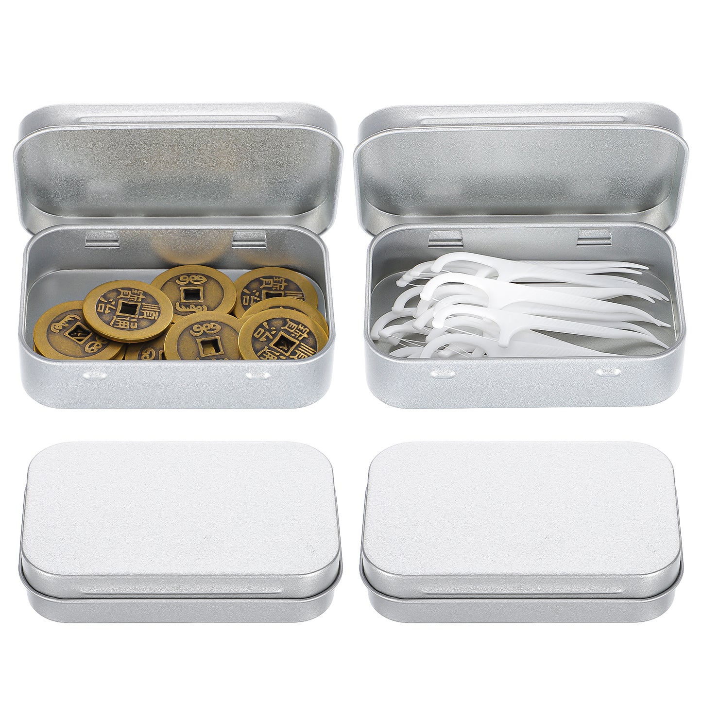 TIESOME 4 Pcs Rectangular Hinged Tins, Silver Metal Portable Storage Boxes, Durable Mini Containers with Lids For DIY, Home Organization, Coins, Gift Cards, Small Items