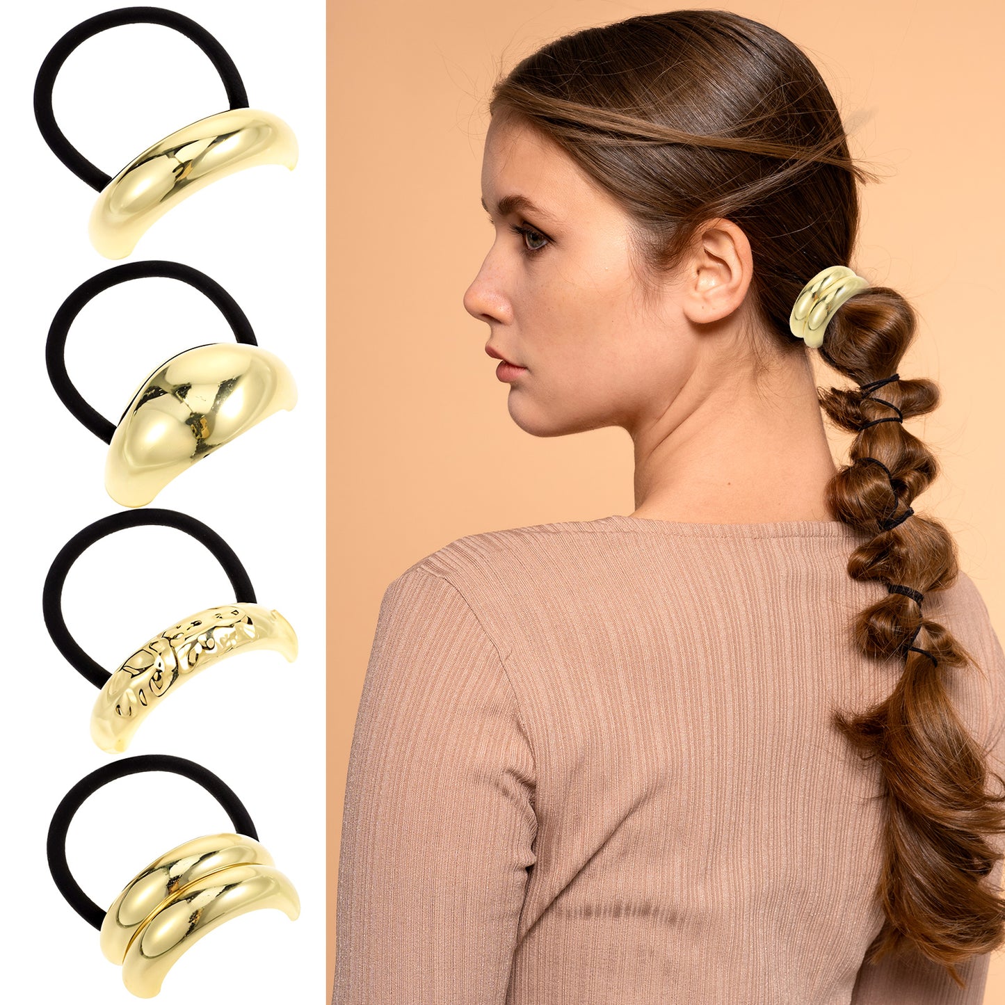 TIESOME 4 PCS Metal Hair Tie, Versatile Ponytail Cuff Good Elastic Hair Band Geometric Scrunchie Wrap Hair Ties hair Cuffs for Ponytails Glossy Arch Gold Hair for Women Hair Accessories
