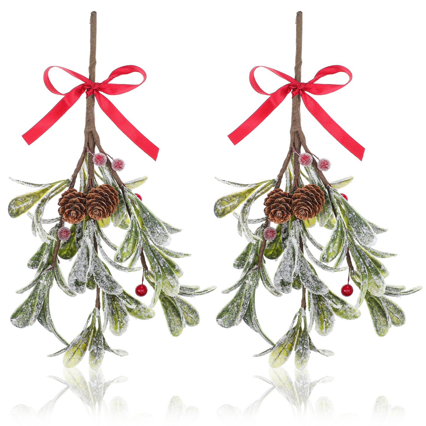 XLIUAX 2 Pack Christmas Mistletoe Decorations, Glitter Christmas Tree Mistletoe Hanging Ornament with Decorative Red Bow Bouquet Floral Handmade Decor Gift for Holiday, Stocking Stuffer