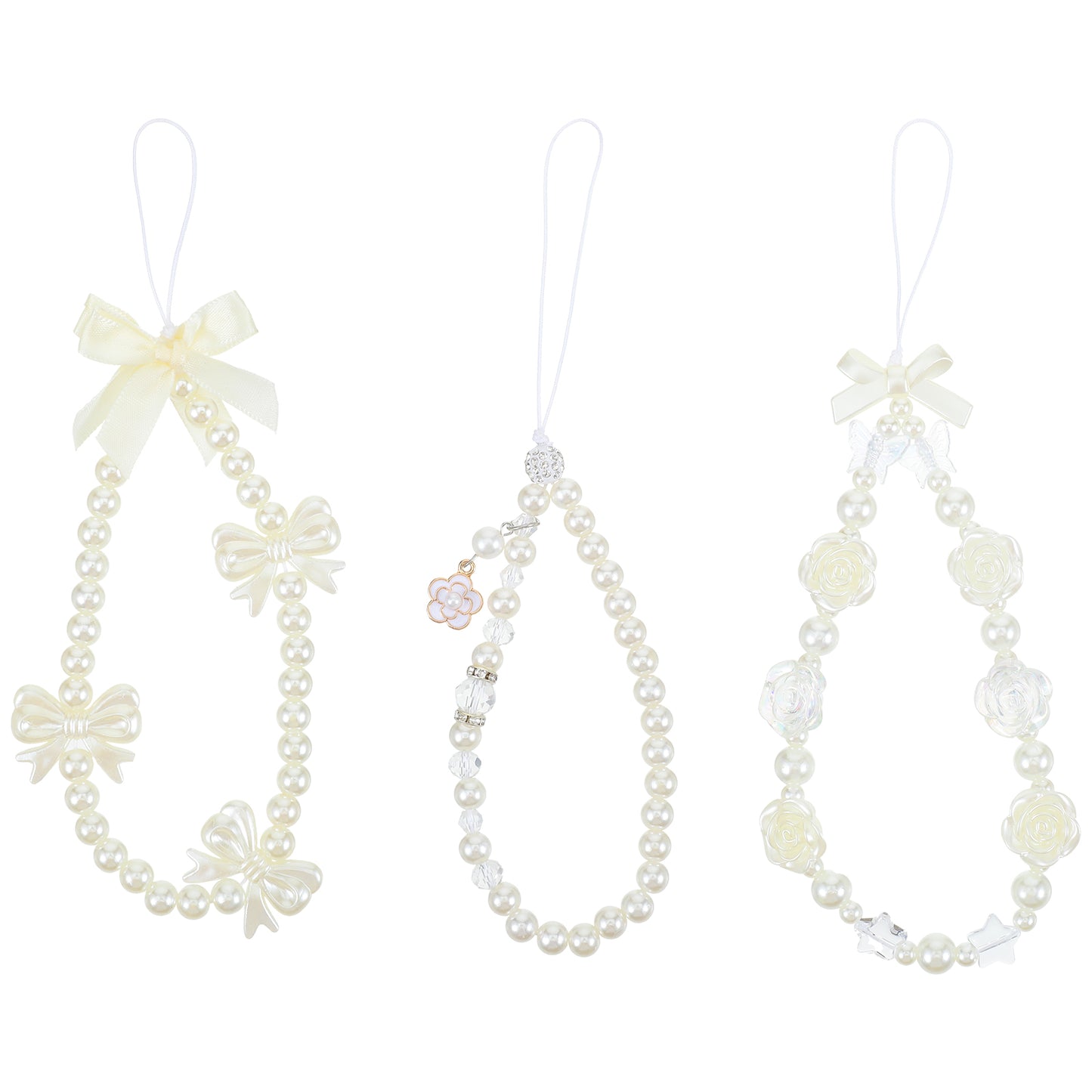 Giantree 3 Pcs Butterfly Bow Knot Beaded Phone Charm, Y2k Pearl Beaded Phone Charm Lanyard Wrist Butterfly Bow Flower Phone Charms Strap, Cute Pearl Phone Chain for Women