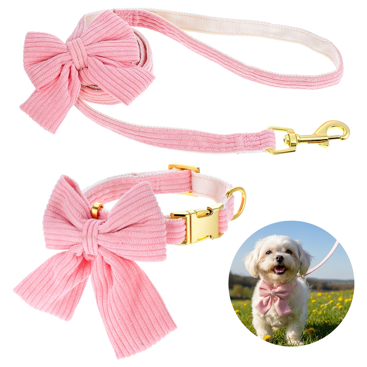 Yuanchu Dog Collar and Leash Set with Bowtie, Cute Pink Dog Collars Bow Metal Buckle Adjustable Corduroy Dogs Collar 10‘’-16‘’ for Small Medium Puppy Dogs with 5 FT Leash Pink S