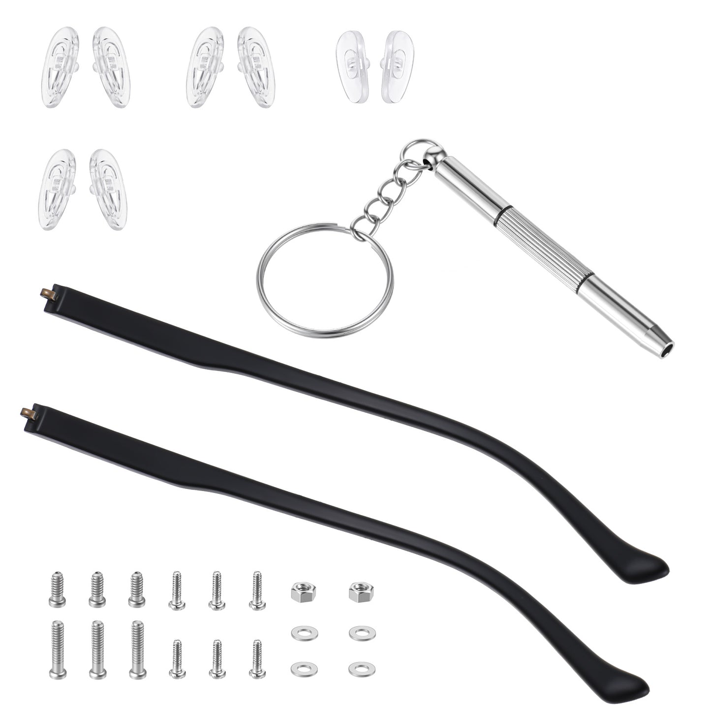 HJZHII 1 Pair Glasses Arm Replacement, Black Glasses Repair Kit with Screws Washers Screwdriver Nose Pads Eyeglass Arms Legs Replacement Temple Arms 6mm for Glass Sunglasses Convex Single Teeth 1.2mm