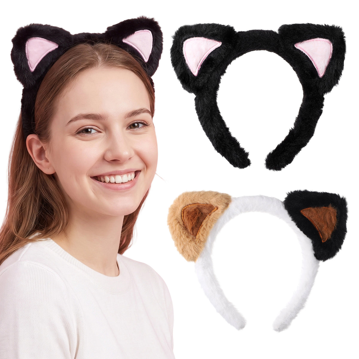 Jeffdad 2 Pack Cat Ears Headband, Soft Fuzzy Plush Headbands for Women