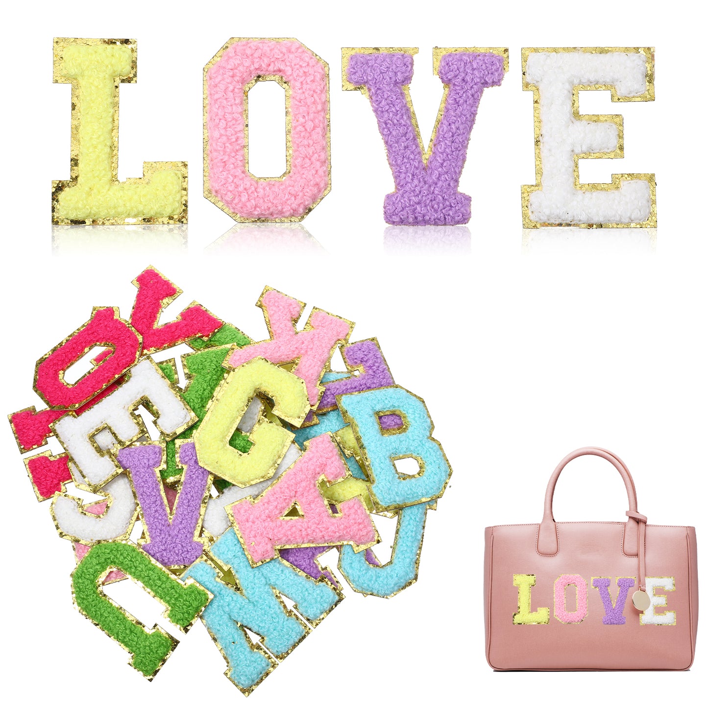 GEEHUA 26PCS Chenille Letters Patches, A-Z Embroidered Applique Colorful Fabric Initial Patch Self Adhesive Letter Patches Alphabet Patch for DIY Shirts Shoes Jeans Backpacks Hats
