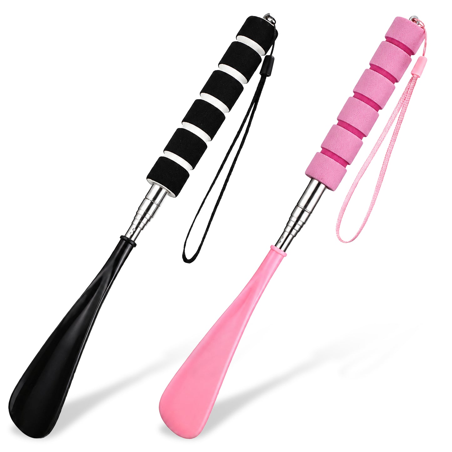 HJZHII 2Pcs Shoe Horn Long Handle Stainless Steel, Retractable Adjustable Shoe Horn Foldable Shoes Puller Shoehorn for Seniors Pregnant Extended Boot Horns Travel Shoes Helper(Black/Pink)