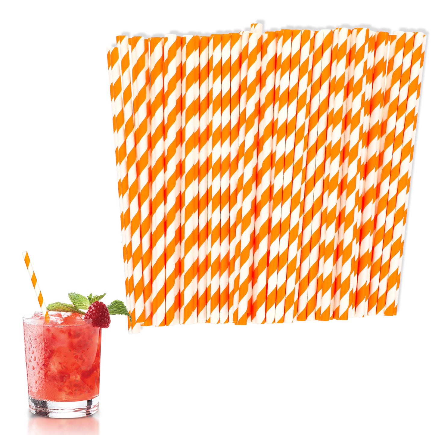 YUXMU 100 Pcs Orange and White Paper Striped Straws, 7.76 inch Disposable Drinking Straw Spritz Straws Decor for Party Bridal Shower New Year Birthday Wedding(Orange)