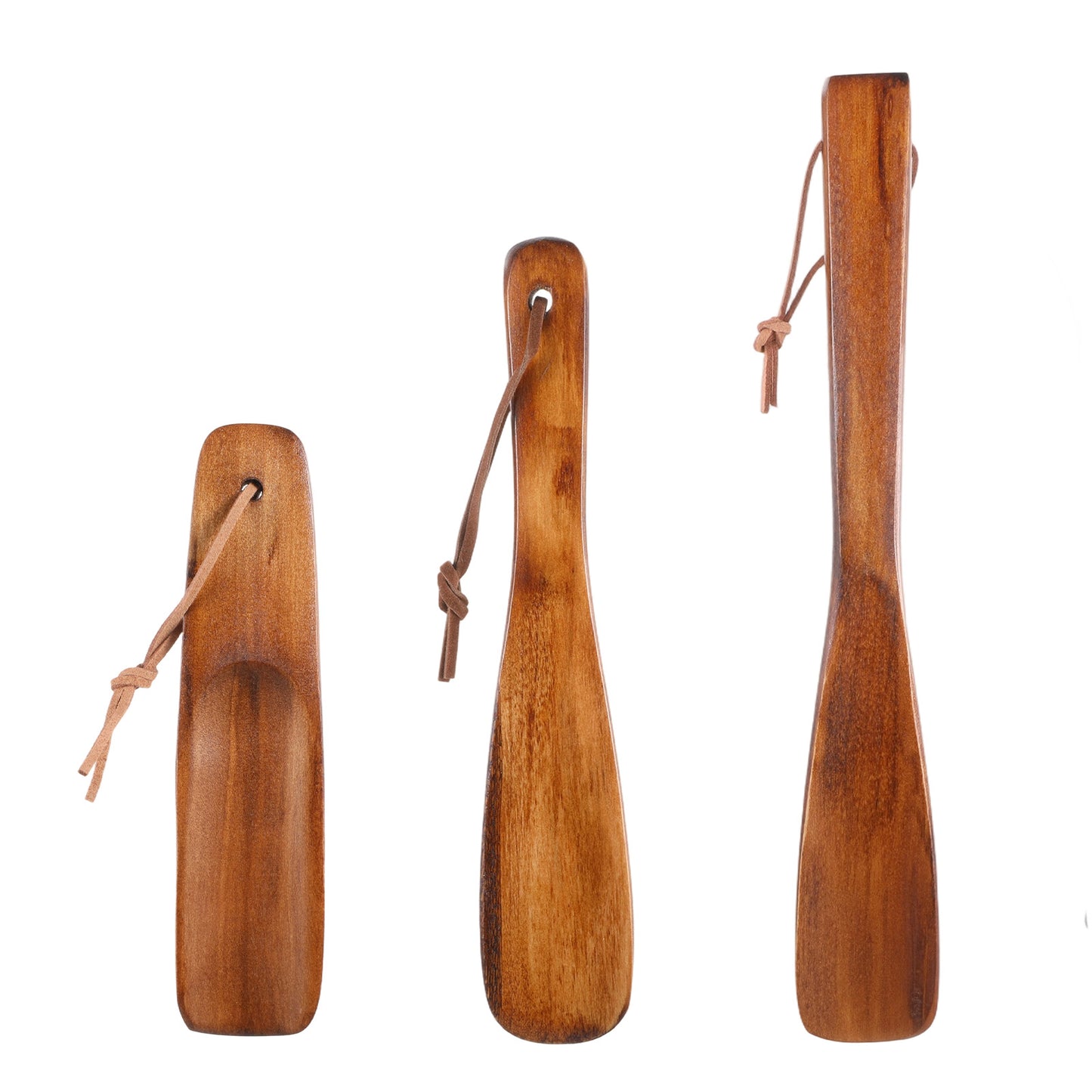 TIESOME 3Pcs Wooden Shoe Horn, 6/7.5/9.9 Inches Retro Wood Shoehorn with Leather Lanyard Easy Wear Helper Long and Short Handle Shoehorns for Seniors Pregnancy Men Women Kids