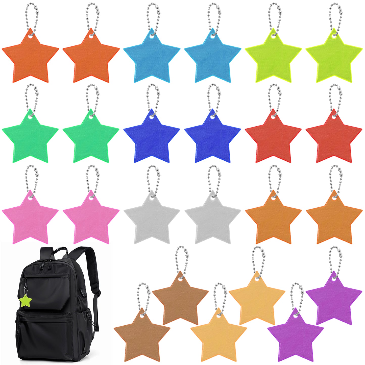 TIESOME 24 Pcs Reflector Pendant, Reflective Keyring with Chains, High Visibility Safety Star for School Bag, Backpack, Cycling, Walking & Running, Waterproof (Yellow)