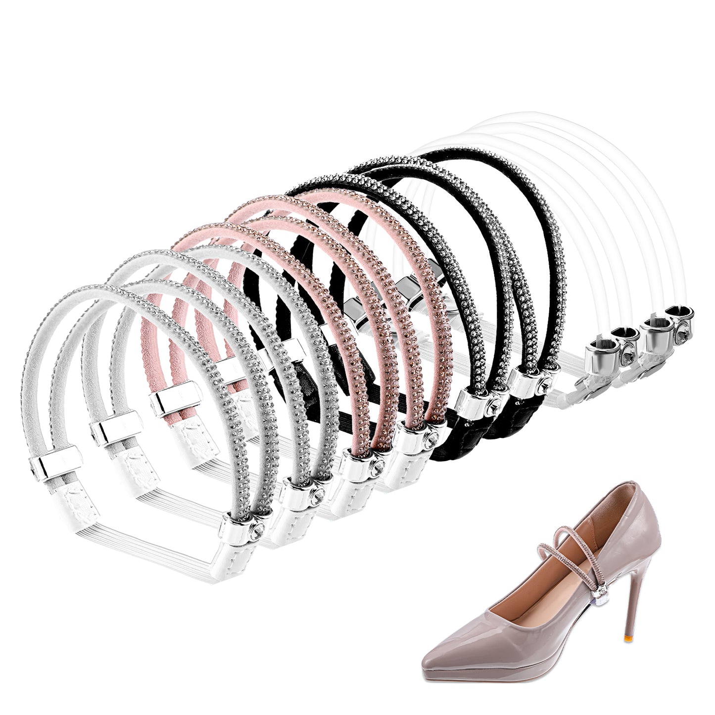 BOHUIZ 4 Pairs High Heels Shoe Straps, 4 Styles Rhinestone Shoe Lace For Heels Detachable Shoe Straps for Loose Shoes Anti-Loose Shoe Straps Elastic Shiny Shoe Laces for High Heels Sandals Slippers