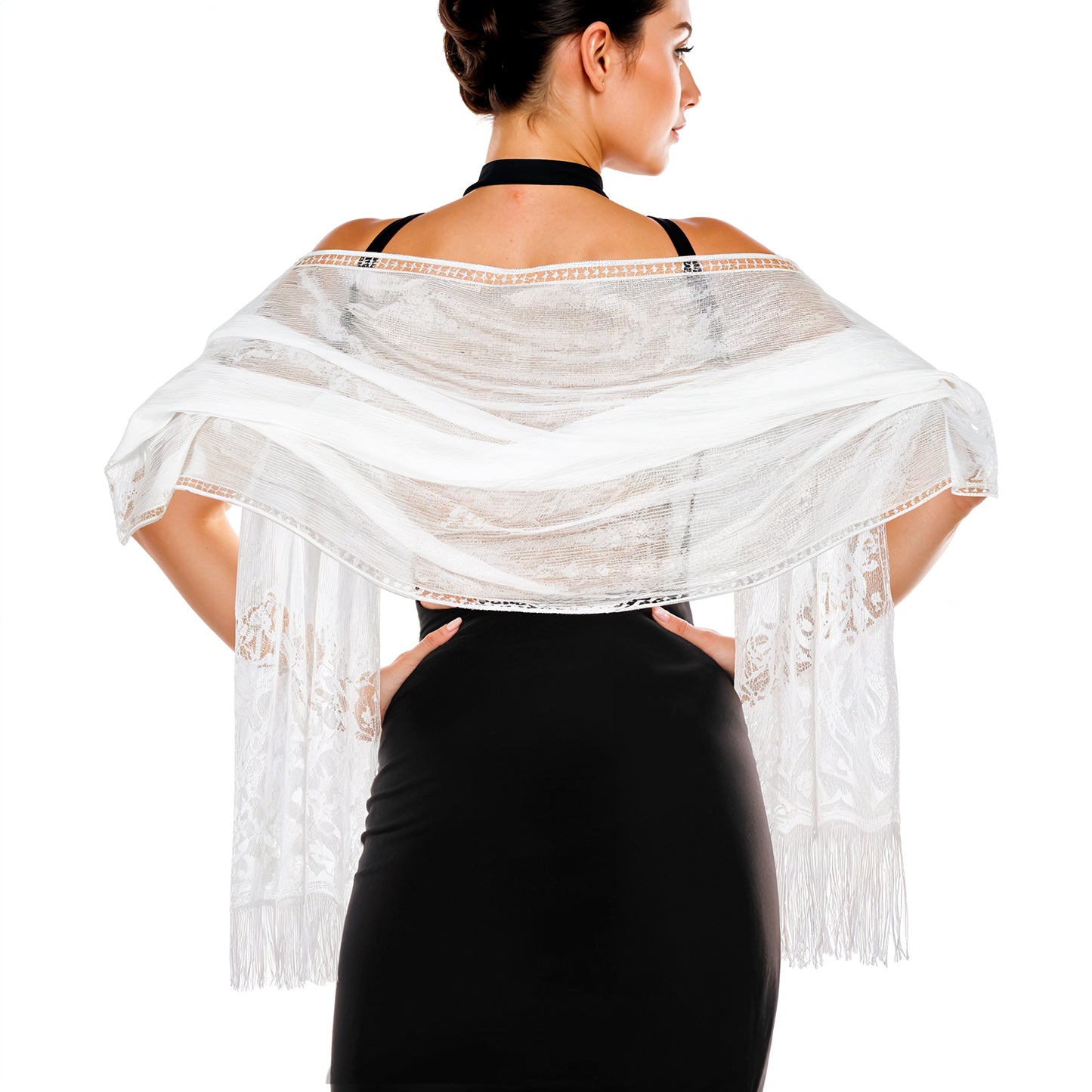 Jeffdad Women's Lace Scarf Shawl wif Tassels for Women's Evening Dress Evening Party Mesh Wedding Shawls (White)