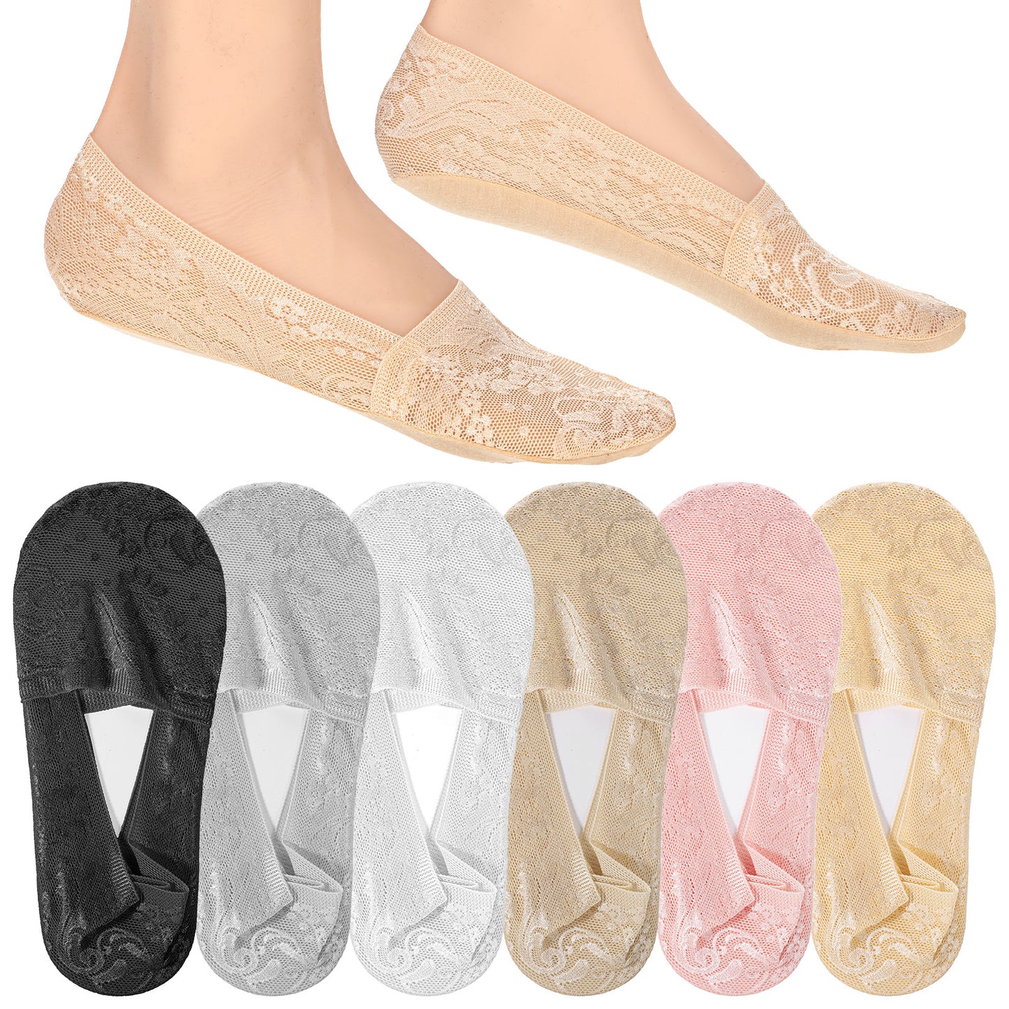 Amaxiu 6 Pairs Women No Show Lace Boat Socks, Cotton Invisible Non-Slip Socks Low Cut Liner Sock with Lace Trim for Flats & Loafers