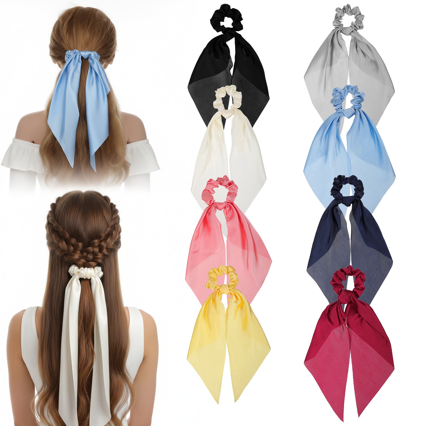 DOPENSPI 8 PCS Bow Hair Scrunchies for Women Girls, Solid Satin Hair Ties Knotted Elastic Bow Silk Scrunchies Hairs Ribbon Hairs Scarf Ponytail Holder for Women Girls Accessories