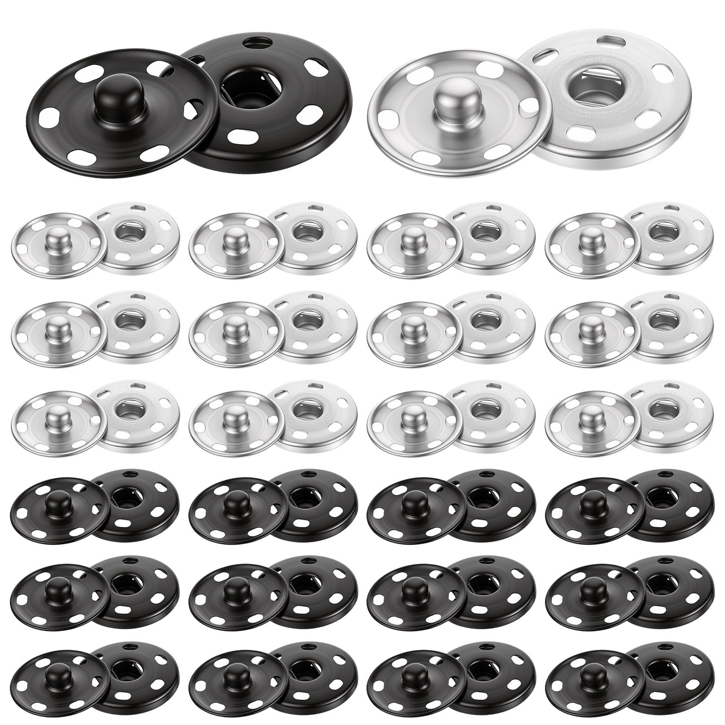 SULIKJHUI 24 Sets Large Press Studs, 25mm Press Studs for Clothing Sew-On Snap Fasteners for Jackets, Coats, Bags, Repair & DIY Crafts (Black, Silver)