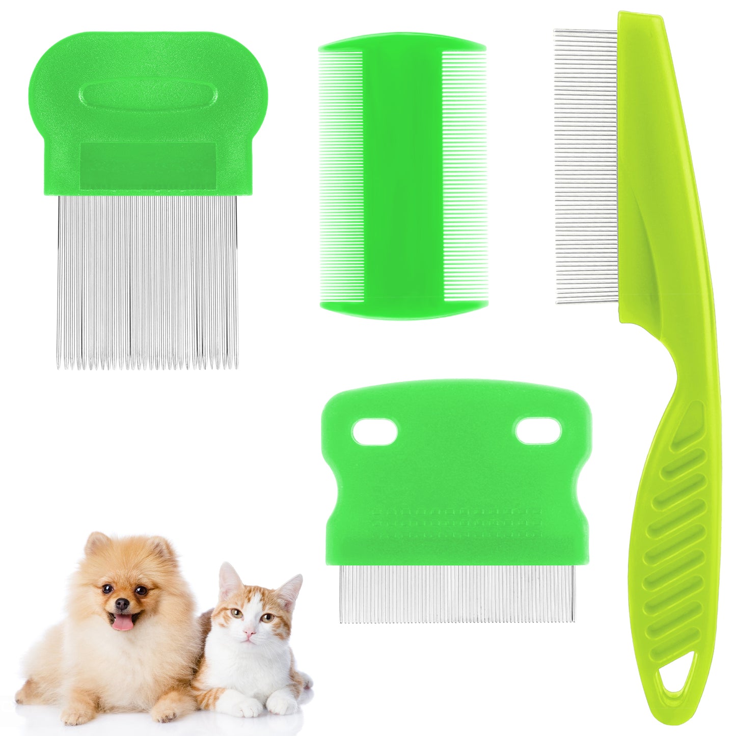 Molain 4 PCS Flea Lice Comb, Stainless Steel Dog Cat Grooming Combs with Rounded Teeth, Double Sided Professional Pet Tear Stain Remover, Dematting Tool for Small Medium Large Pets(Green)