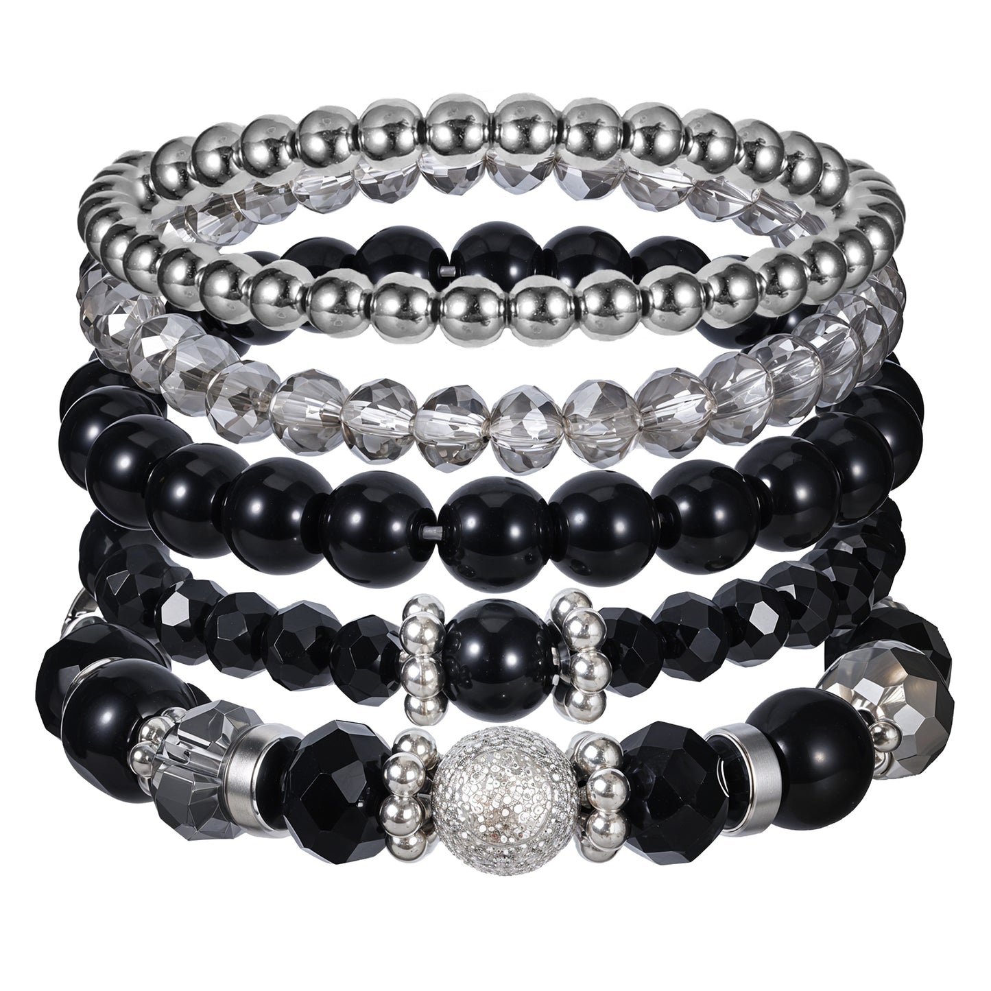 Molain 5 Pcs Beaded Stretch Bracelets for Women, Stackable Bracelets Crystal Bead Bracelet Boho Beaded Bracelets Stretch Layering Beaded Bracelets Gifts for Women (Black)