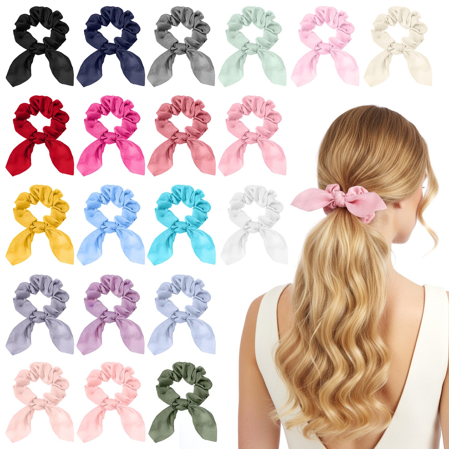 DOPENSPI 20 Pack Bow Hair Scrunchies for Women Girls, Elastic Hairs Ties Cute Bunny Ears Silk Scrunchies Bow Scrunchie Ropes Ponytail Holder Hairs Accessories
