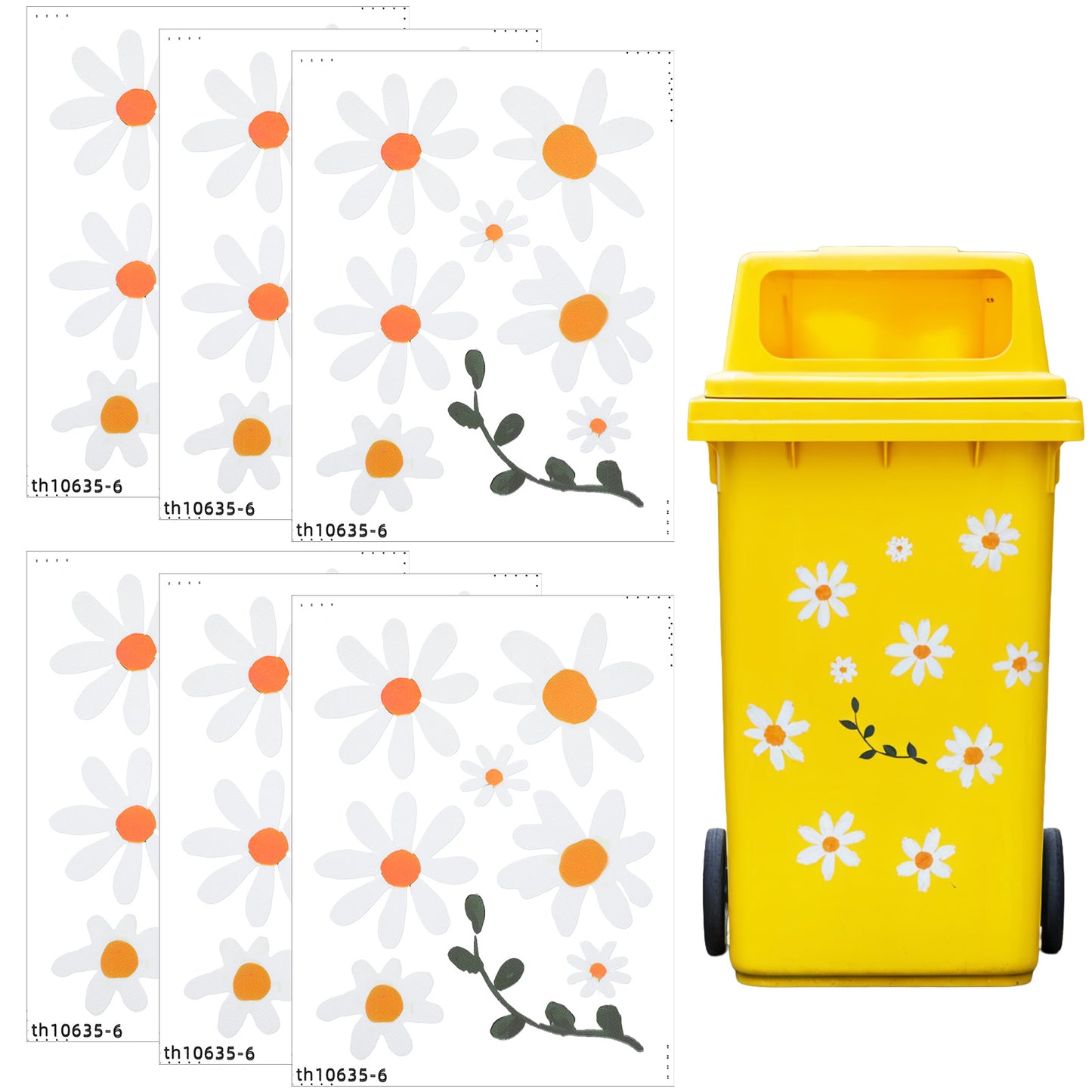 XLIUAX 6 Sheets Wheelie Bin Stickers Flowers Large, Self Adhesive Daisy Flower Bin Labels, Waterproof Daisy Dustbin Sticker for Wheelie Bins, Fridge, House, Wall Decoration