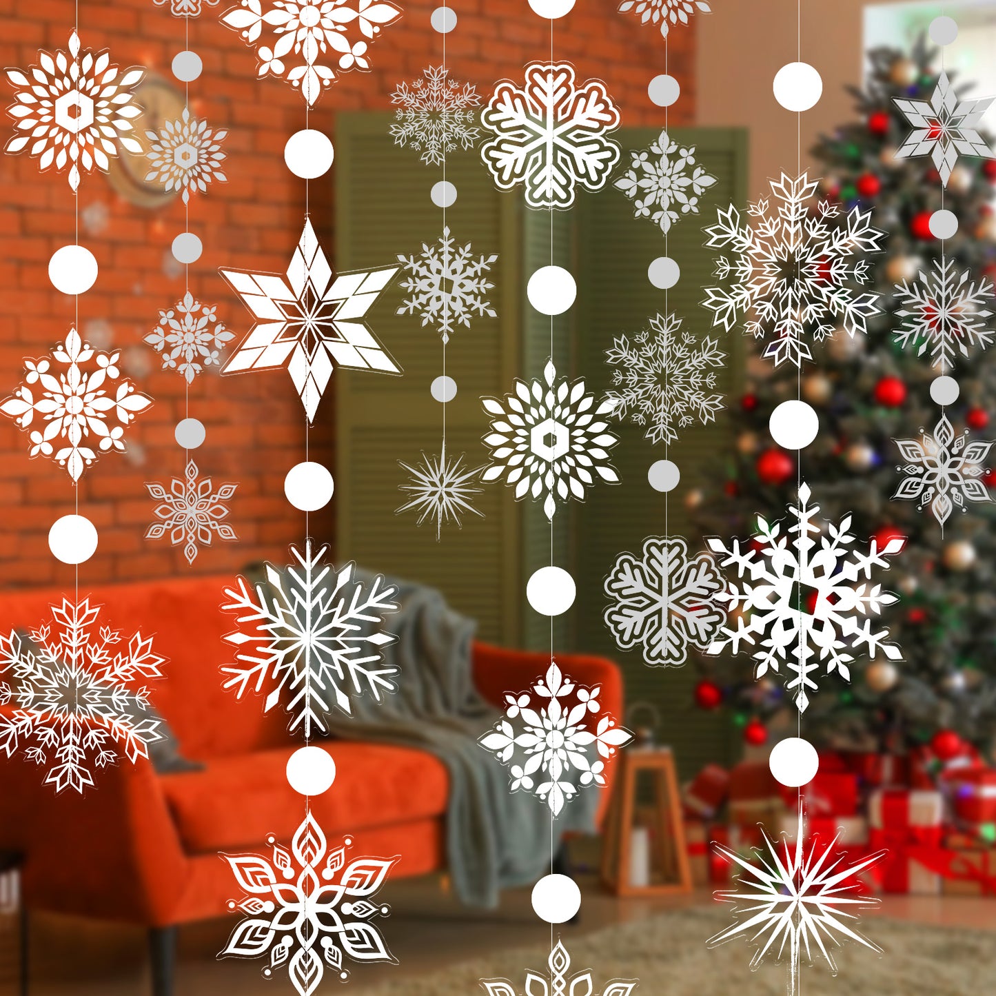 GEEHUA Winter Wonderland Decorations, Christmas Snowflake Garland Transparent White Large Snow Flake Garland Streamers Hanging Snow Flakes for Christmas New Year Party Decoration Window Door Accessory