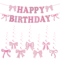 DOPENSPI Pink Bow Birthday Decorations, Happy Birthday Banner Pink Party Decoration Bow Hanging Swirls Coquette Supplies for Girls Women