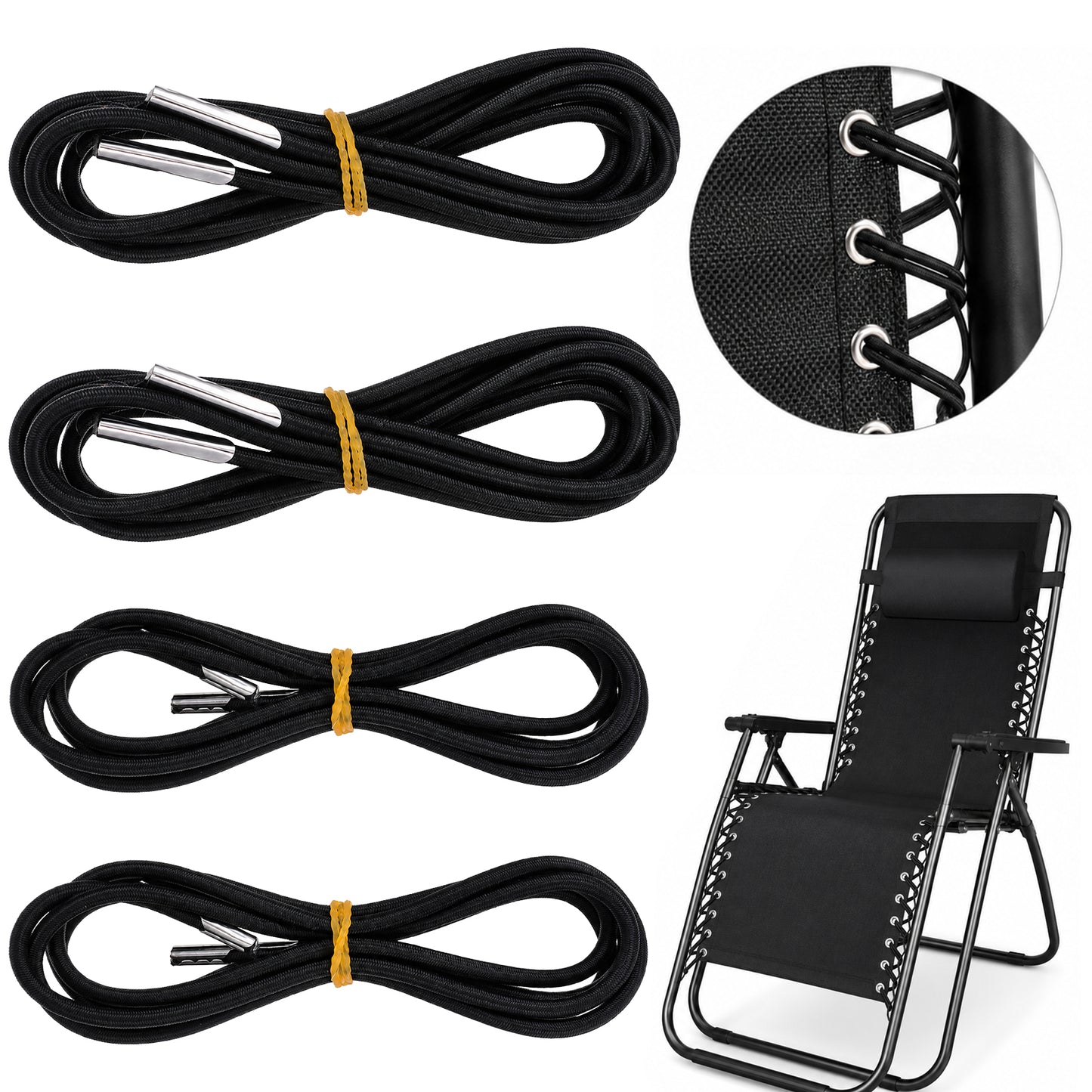 HJZHII 4 Pack Universal Replacement Cord for Zero Gravity Chair, Black Elastic Cords Repair Tool Kit for Repairing Zero Gravity Chair, Beach Chair, Lounge Chair, and Recliners