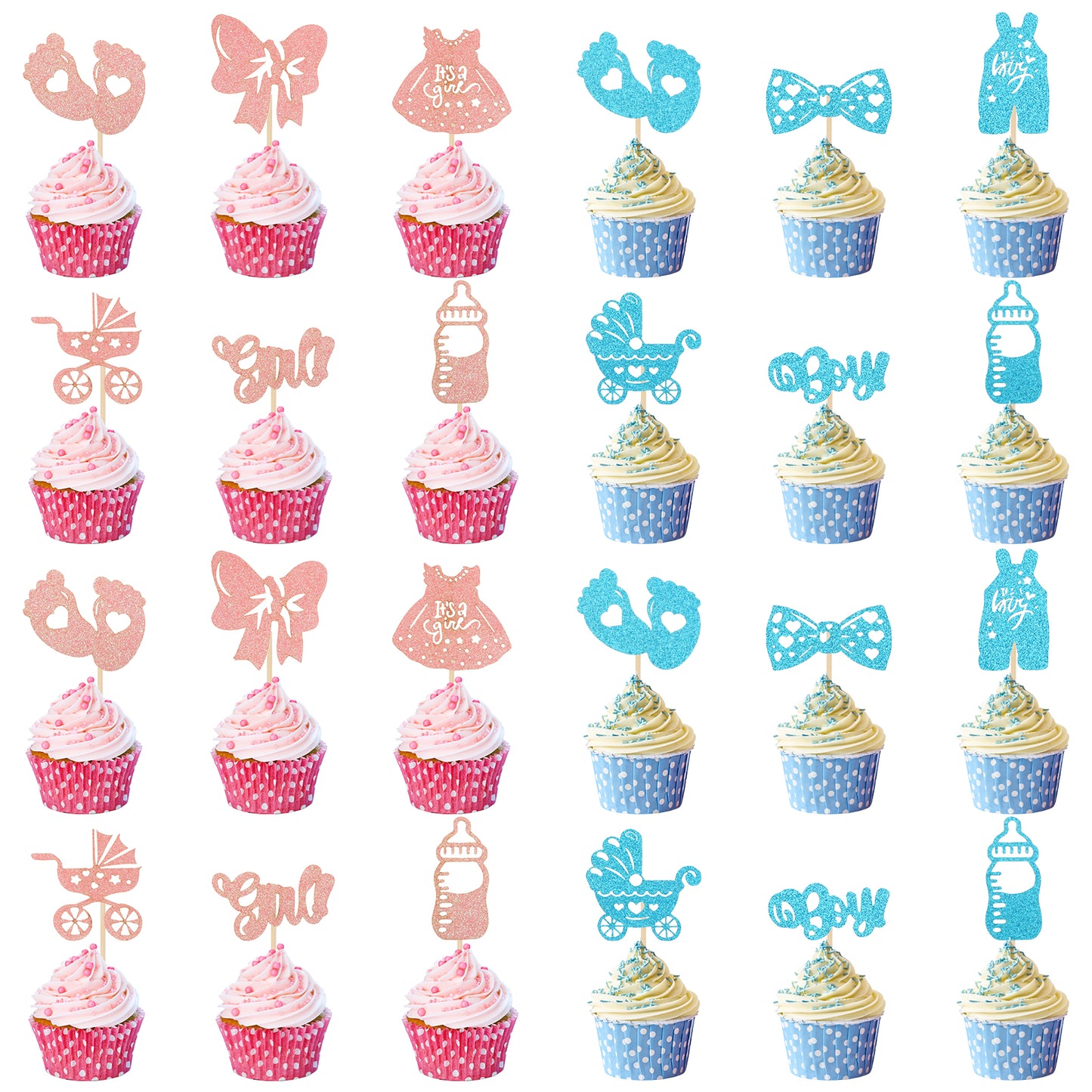 MBAIYO 36 Pcs Gender Reveal Cupcake Toppers, Pink and Blue Baby Shower Decorations with Glitter Paper Pants Dresses Bottles Feet Boy or Girl Gender Reveal Party Decorations Supplies(36)
